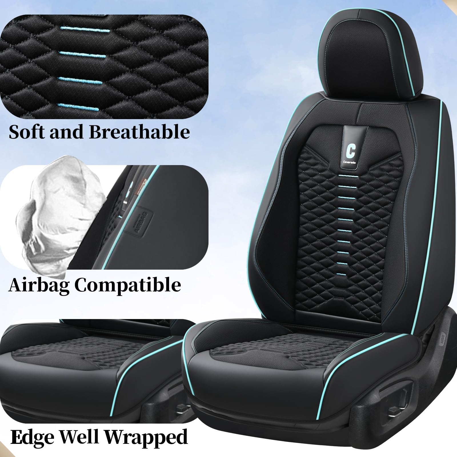 Coverado Car Seat Covers Full Set, 5 Seats Universal Seat Covers For Cars, Breathable Fabric Faux Leather Auto Seat Cushions, Fr