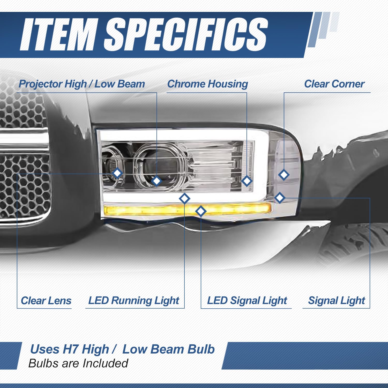Auto Dynasty Led Drl Headlight Compatible With 2002 2003 2004 2005 Dodge Ram 1500 2500 3500 Sequential Turn Signal Chrome Clear