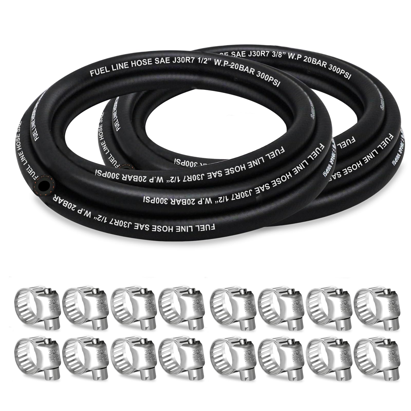 HOUSUN Fuel Line 3/8 1/2 Inch ID, Fuel Hose 10FT 300PSI High-Pressure with 20 Clamps., J30R7 Fuel Line Hose NBR.