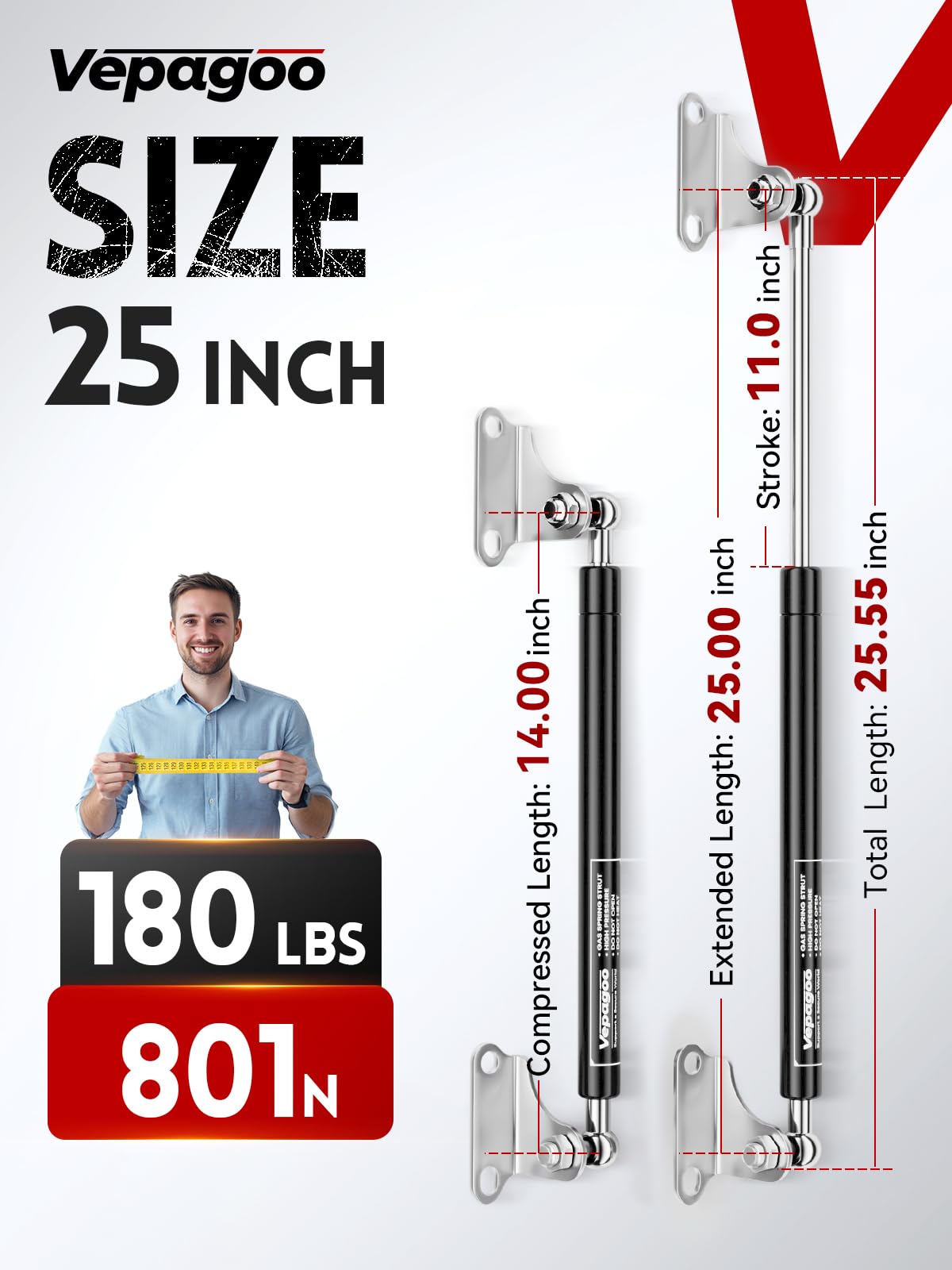 Vepagoo Gas Struts 25 Inch 180Lb/801N Shock With Mounting Brackets, Rv Bed Storage Door Lift Support, Heavy Lid Duty Springs (Fi