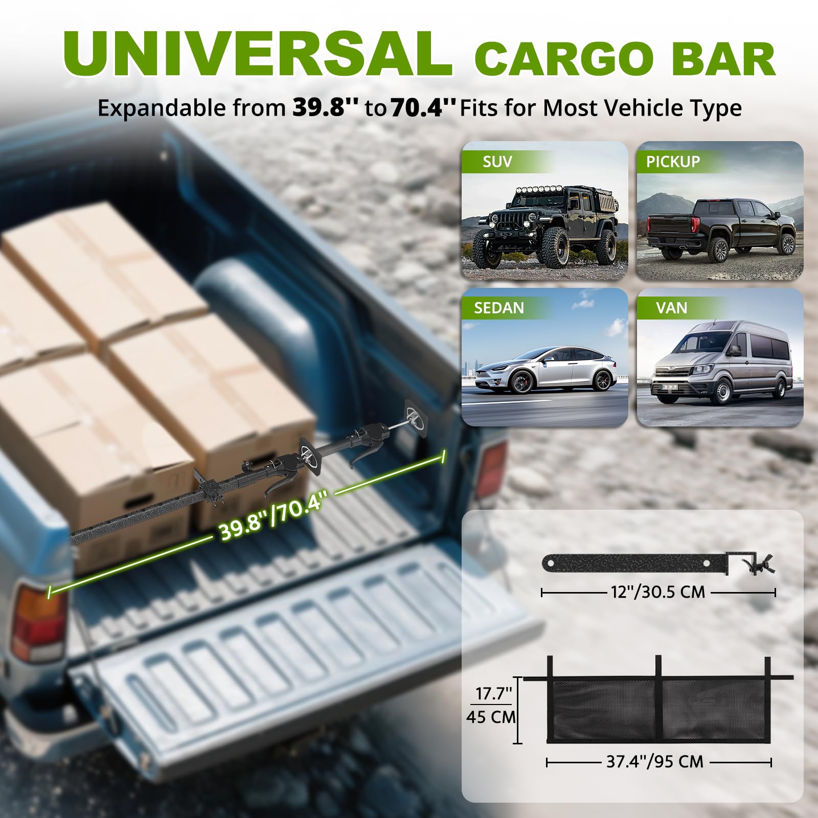 XINQIAO Adjustable Truck Bed Cargo Bar with Net & Divider, 39.4" to 70.8", 200 LB Capacity, Model XQDG002
