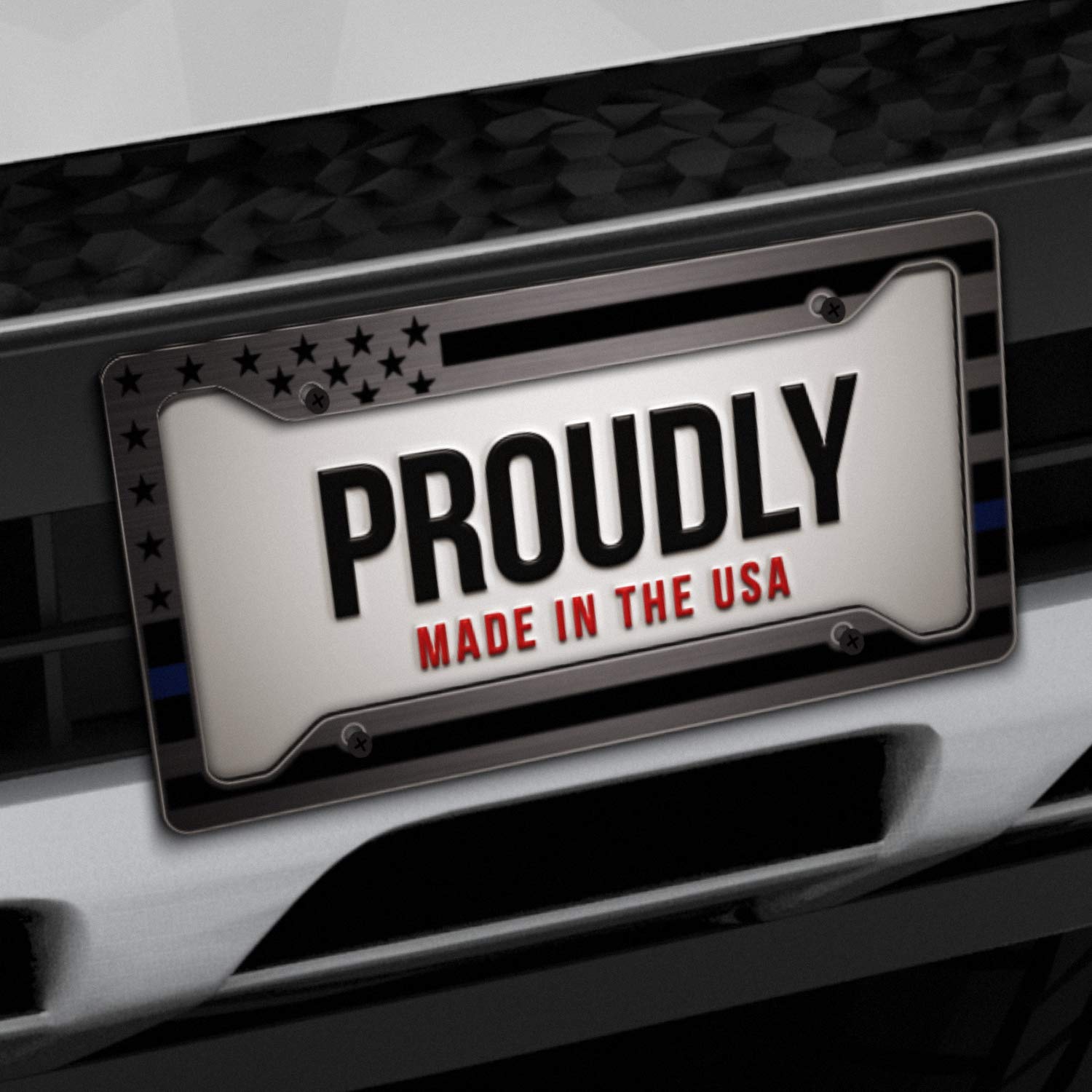 Heavy Duty Thin Blue Line American Flag License Plate Frame Matte Black On Brushed Aluminum Composite