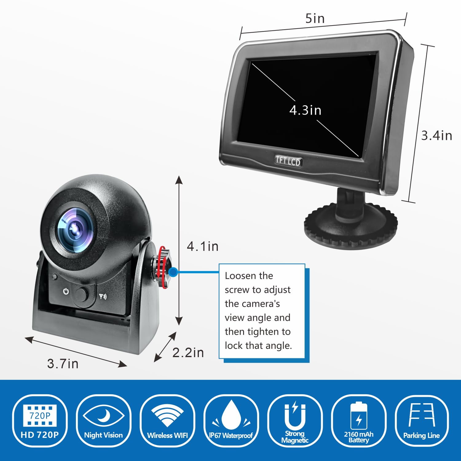 Wireless Backup Camera Systems For Trucks With 4.3Inch Lcd Monitor, Wifi Magnetic Back Up Camera Built-In Rechargeable Battery,