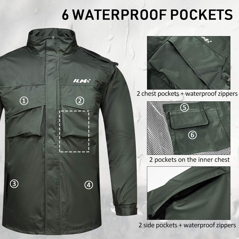 Ilm Motorcycle Rain Suit For Men Waterproof Resistant Raincoat 6 Pockets 2 Pieces Packable Rainwear Jacket And Pants Model Rs02