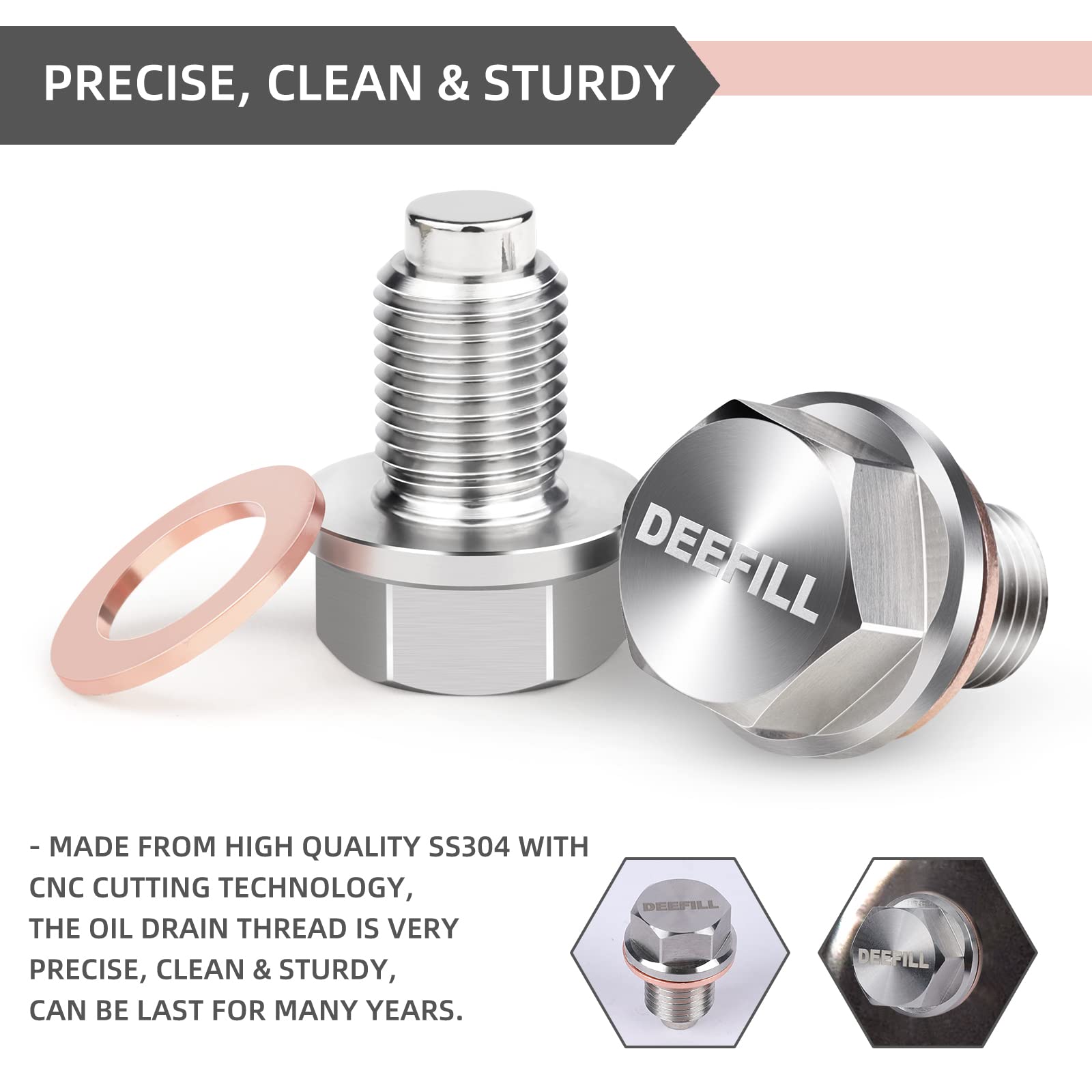 DEEFILL M12 x 1.25 Stainless Steel Engine Oil Drain Plug with Neodymium Magnet, Copper Crush Washer Replacement for Toyota, Lexu