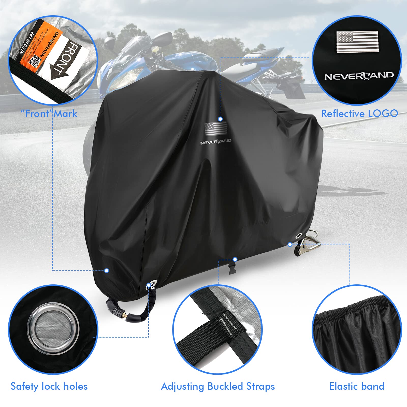 NEVERLAND Motorcycle Cover, Black Scooter Cover Waterproof Outdoor All Season, Motorbike Cover with Refletive Logo, Lock-Hole, B