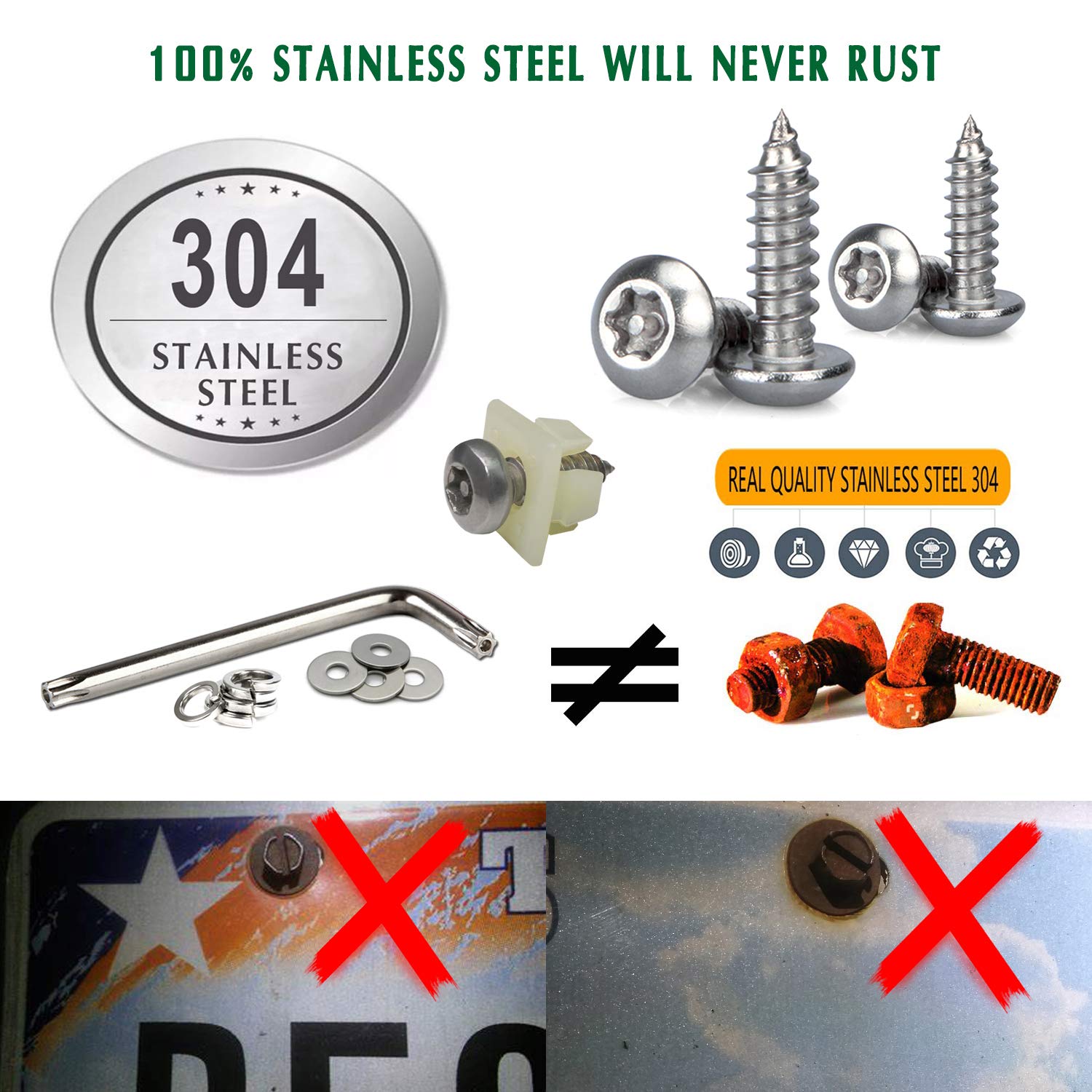 Bggtmo License Plate Screws Anti Theft -Stainless Steel Tamper Resistant Locking Front Or Rear Car Tag Frames Bolts Set,1/4 Metr