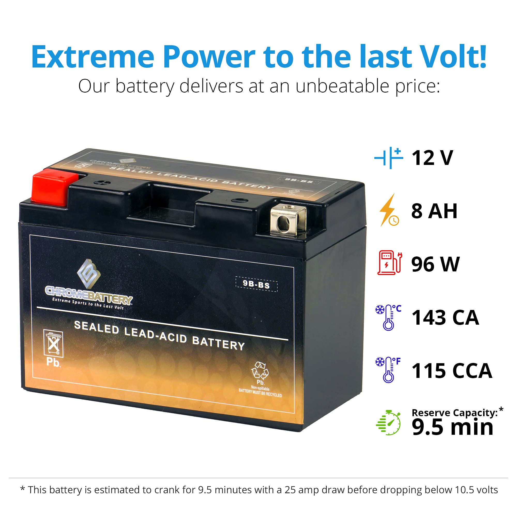 Cb Chromebattery Ytx9B-Bs Maintenance-Free, 115Cca, 12V 9Ah Battery Replacement For Atv, Motorcycle, Jet Skis, Scooter, Utv, And