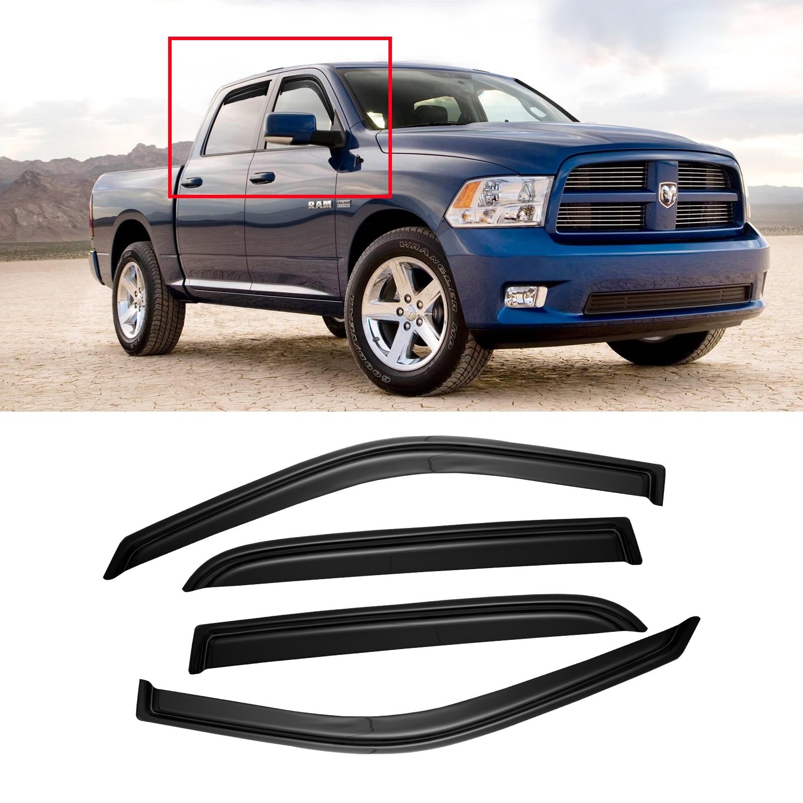 Window Visor For 2009-2018 Dodge Ram 1500 Crew Ca, Out-Channel Rain Guards Shields Vent Shade Deflector Wind Dark Smoke Ventshad