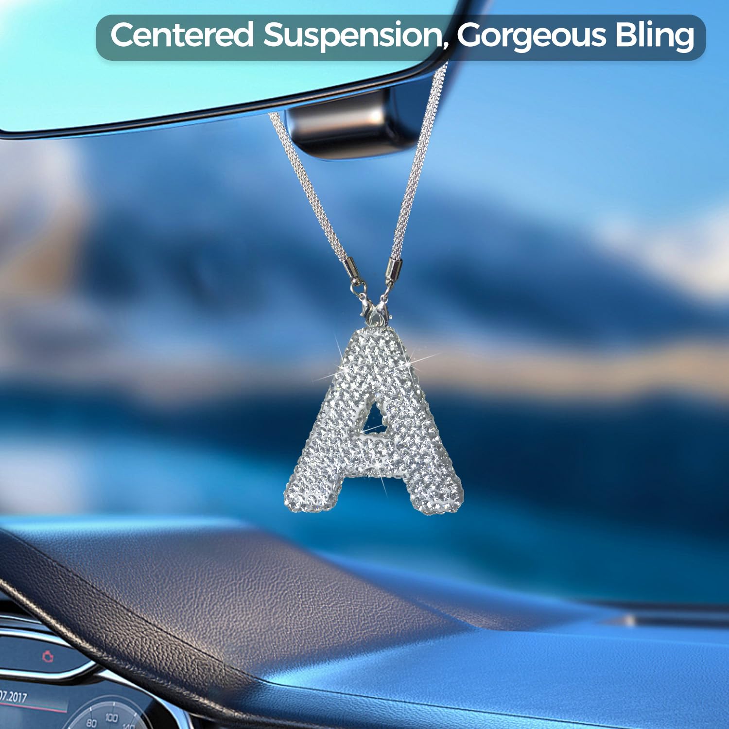 Hitluste Bling Car Letter Charm, Rear View Mirror Ornament Cute Hanging Crystal Pendant Bling Car Accessories, Lucky Diamond Rhi