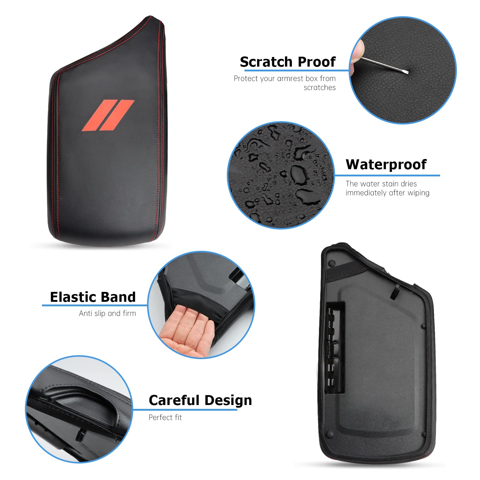 Intget Car Center Console Armrest Cover For Dodge Challenger Accessories 2023 2022 2021 2020 2019 2018 2017 2016 2015 Interior Arm Rest Seat Cover Middle Console Cover Lid Protector Pad (Red Stitches)