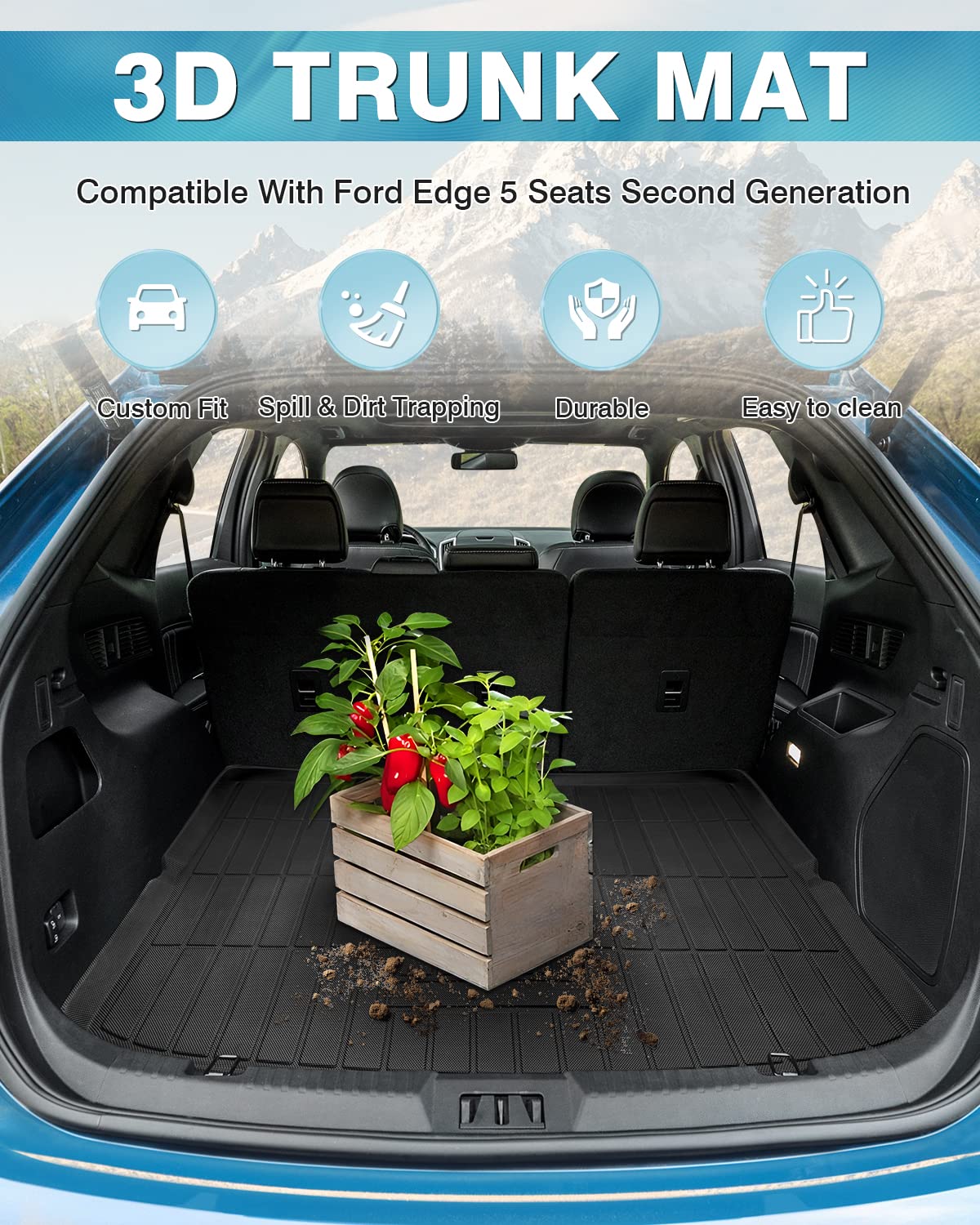 Mixsuper Cargo Liner for Ford Edge 2015-2025 (5 Seats) All Weather Cargo Mat Trunk Liner Rear Trunk Tray Black