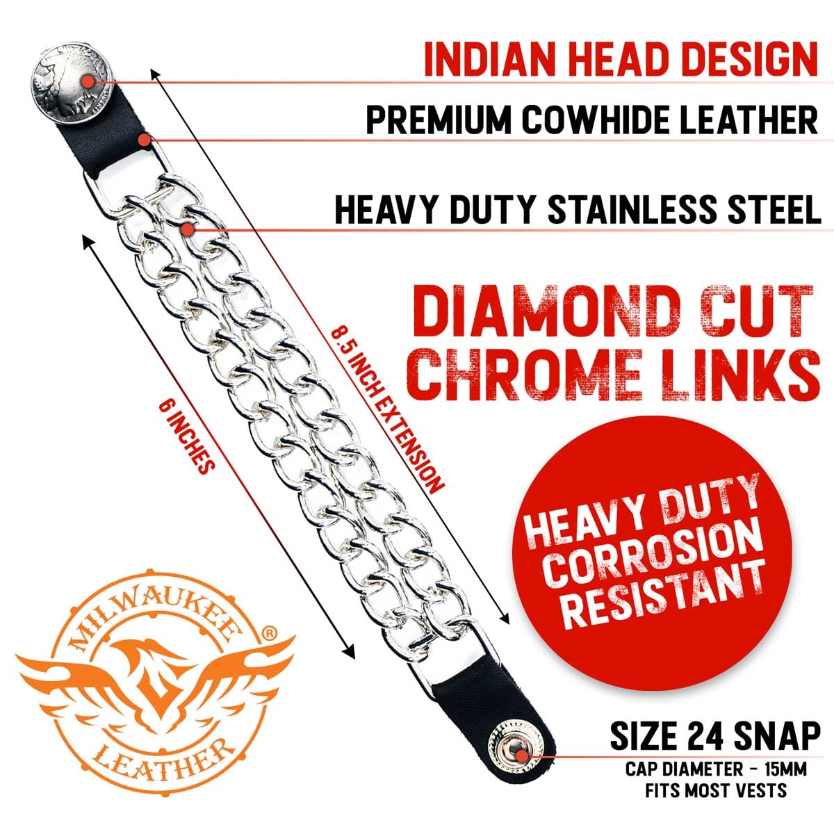 Milwaukee Leather Indian Head Medallion Vest Extender - Double Chrome Chains Genuine Leather 8.5 Extension 4-PCS MLA6044SET -