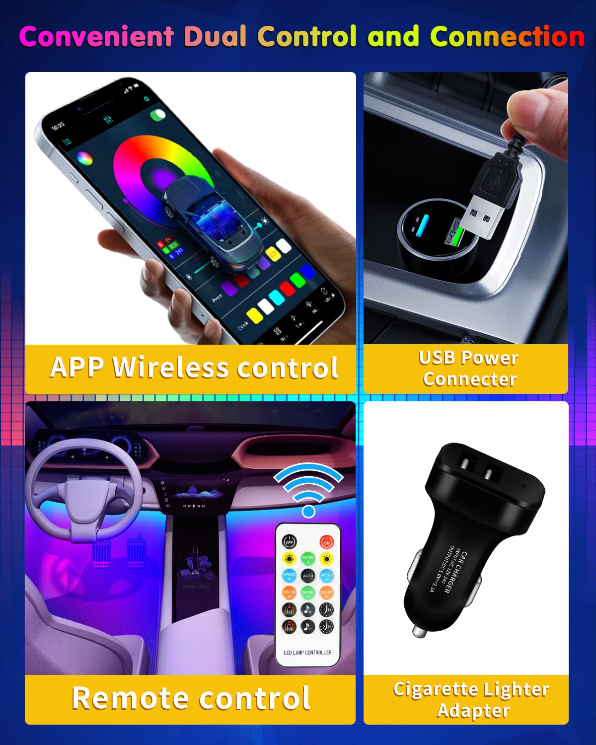 Rgb Interior Car Strip Lights With Smart App Control, Music Sync Under Dash Footwell Neon Internal Lighting Kit 2 Lines Design,1