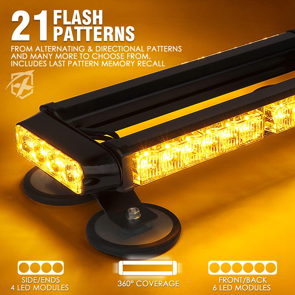 Xprite Amber LED Rooftop Emergency Strobe Light Bar, Double Side Flashing Traffic Advisor Lightbar Magnetic Safety Warning Light w/21 Flash Modes for Construction Vehicles Snowplow Trucks Postal Cars