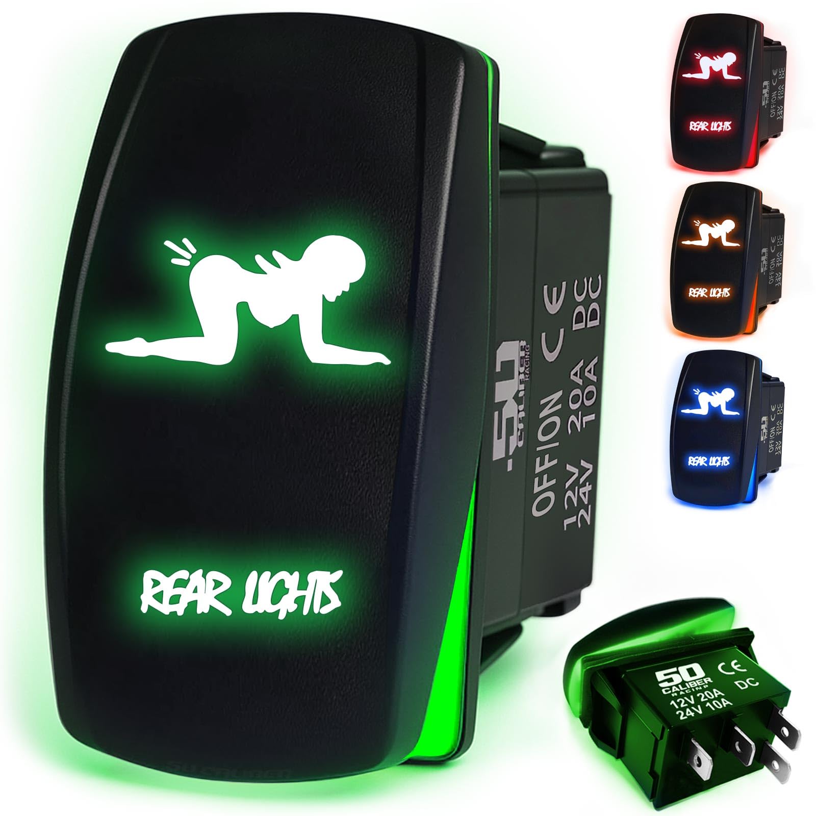 50 Caliber Racing Rocker Switch On/Off Led Backlit -Rear Lights Girl- Utv, Auto, Boat 20A 12V (Green 5359A7)