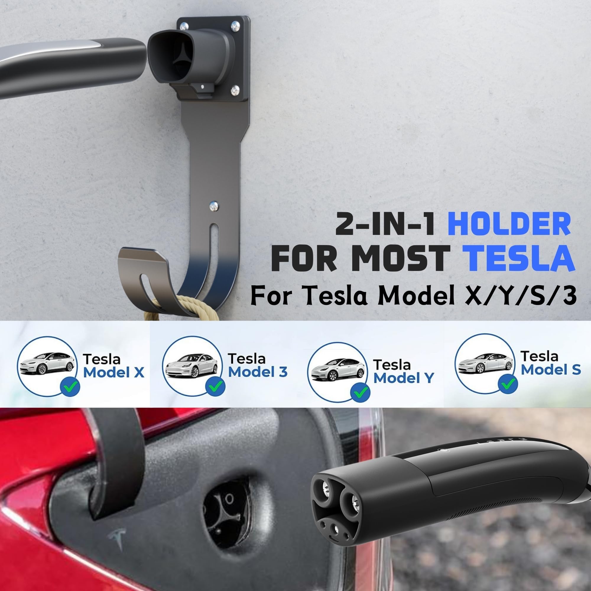 MECMO Tesla Charger Holder - Wall Mount Dock & J-Hook for Model 3/Y/X/S, Heavy Duty Steel EV Charging Cord Hanger