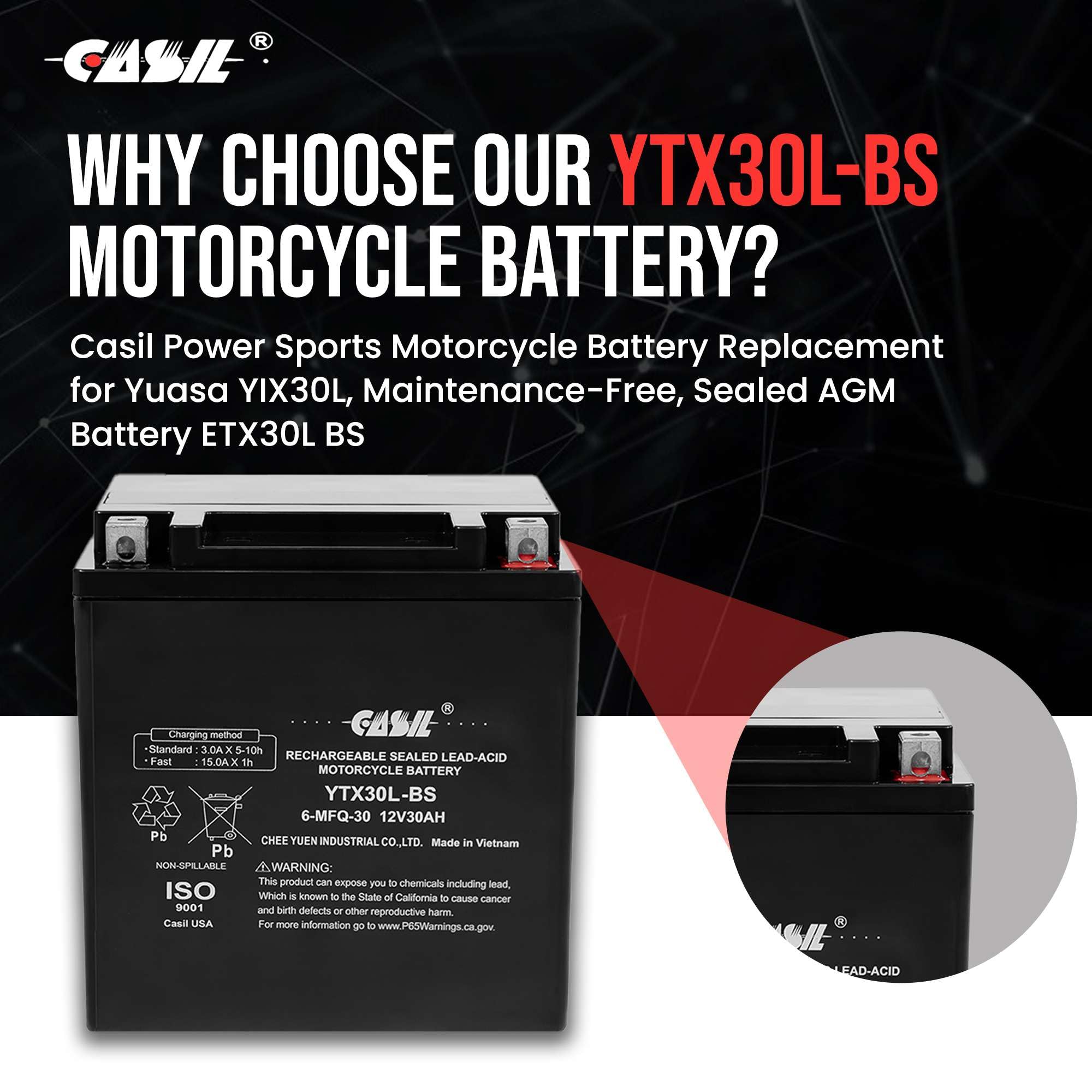 Casil Ytx30L-Bs Power Sports Replacement Yuasa Yix30L Motorcycle Battery - Maintenance Free - Sealed Agm Battery Etx30L Bs