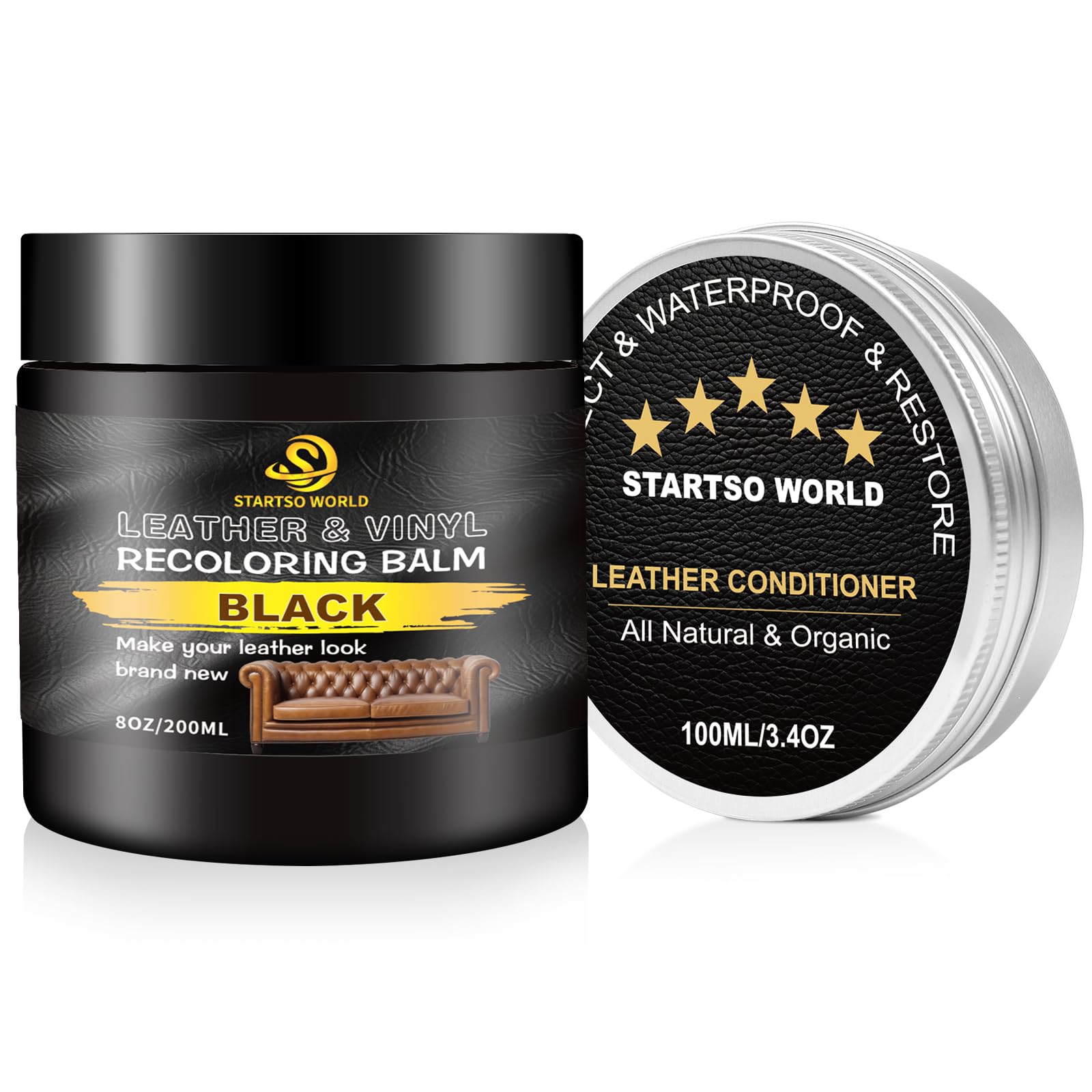 Startso World 200Ml Leather Recoloring Balm With 100Ml Leather Conditioner, Black Leather Repair Kit For Furniture, Leather Dye,
