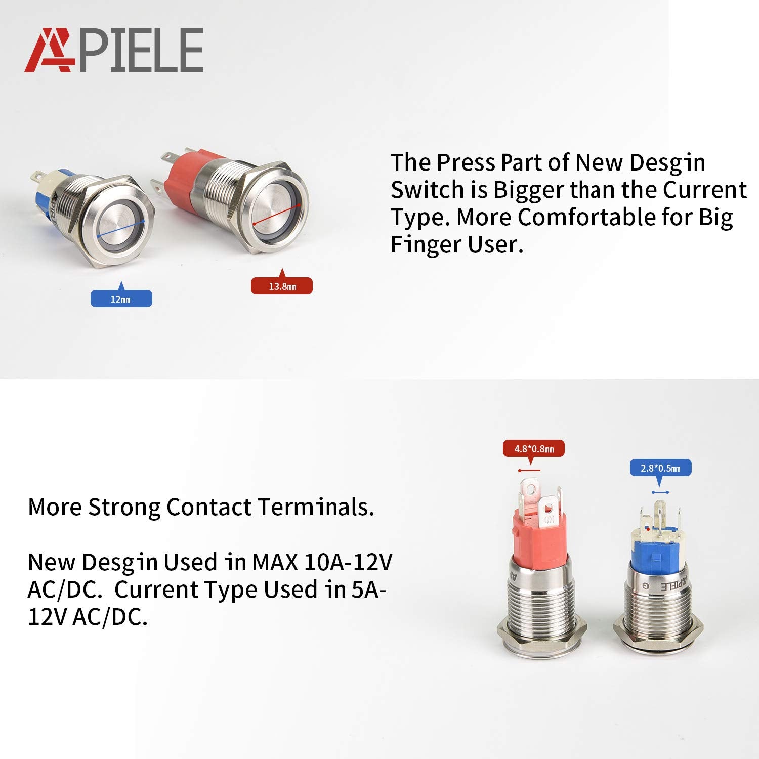 Apiele 10 Amp 16Mm Latching Push Button Switch 12V Angel Eye Led Waterproof Round Self-Locking 1No (Silver Stainless Steel, Blue)