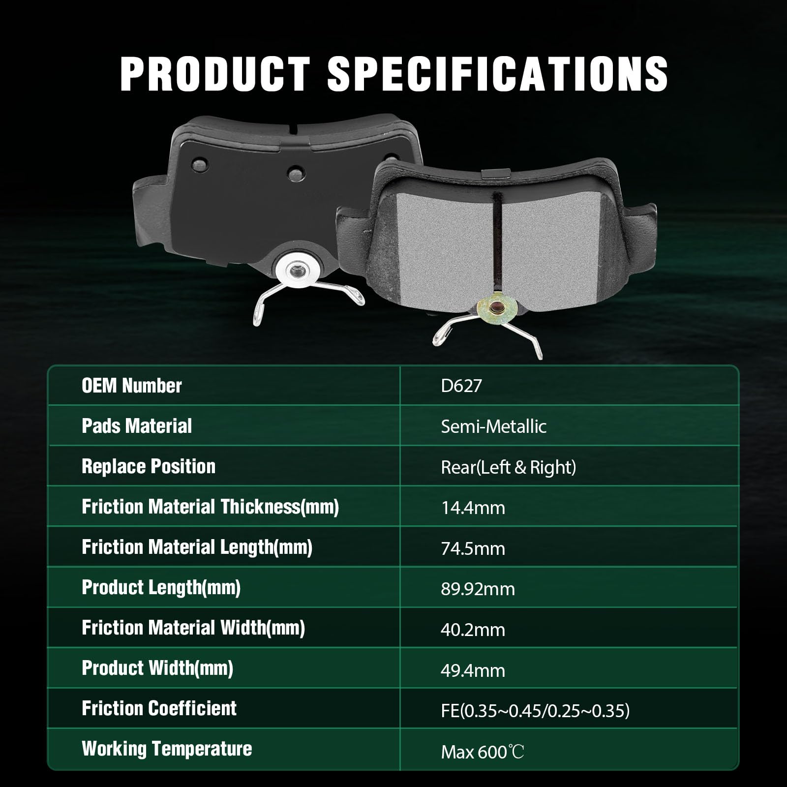 Automuto 4Pcs Rear Semi-Metallic Disc Brake Pads Set D627 For Ford For Mustang 1994-2004