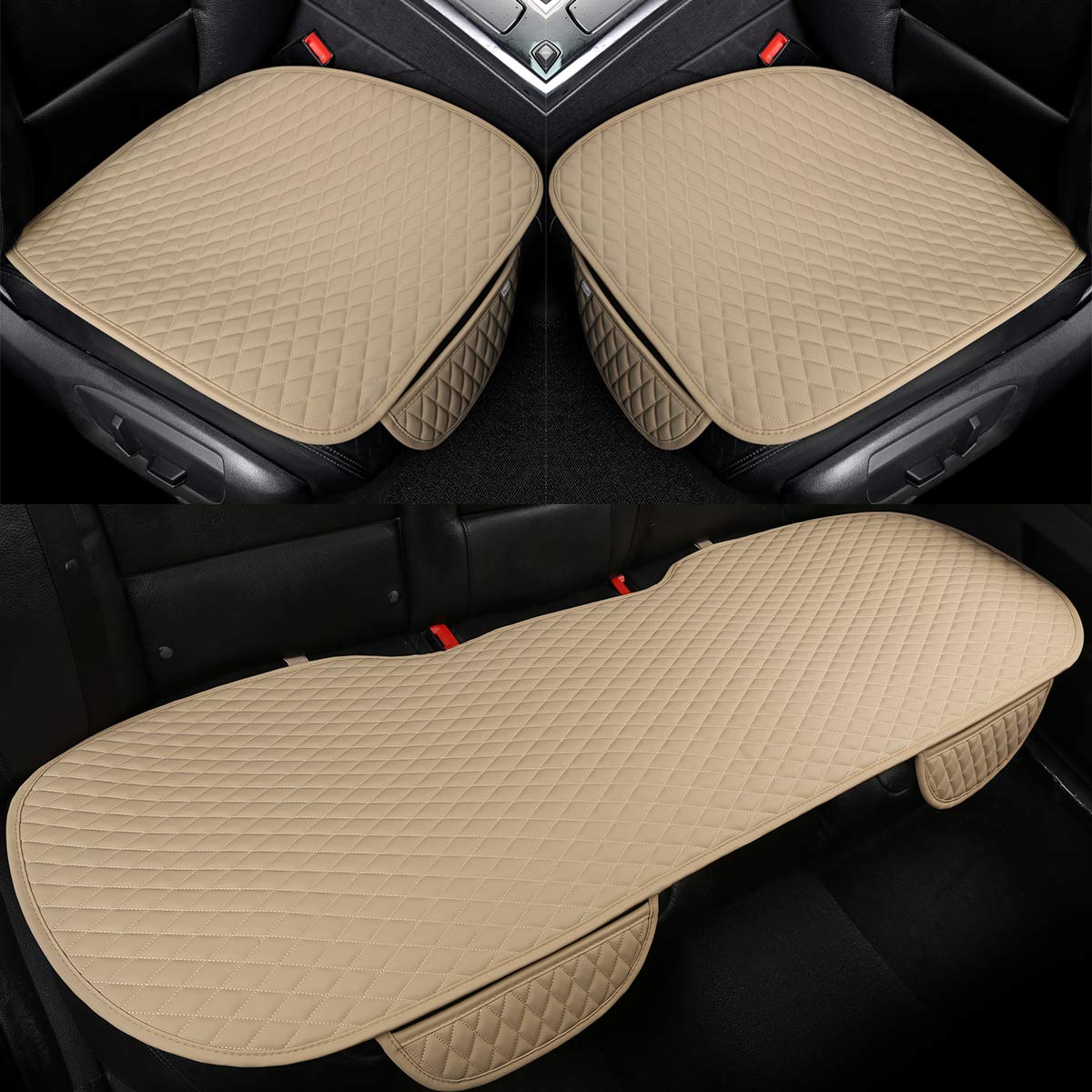 West Llama Pu Leather Car Seat Bottom Covers Protectors Include 1 Pair Front Driver Seat Pad Mat And 1 Rear Bench Cover Universal Fit 90% Vehicles, Beige