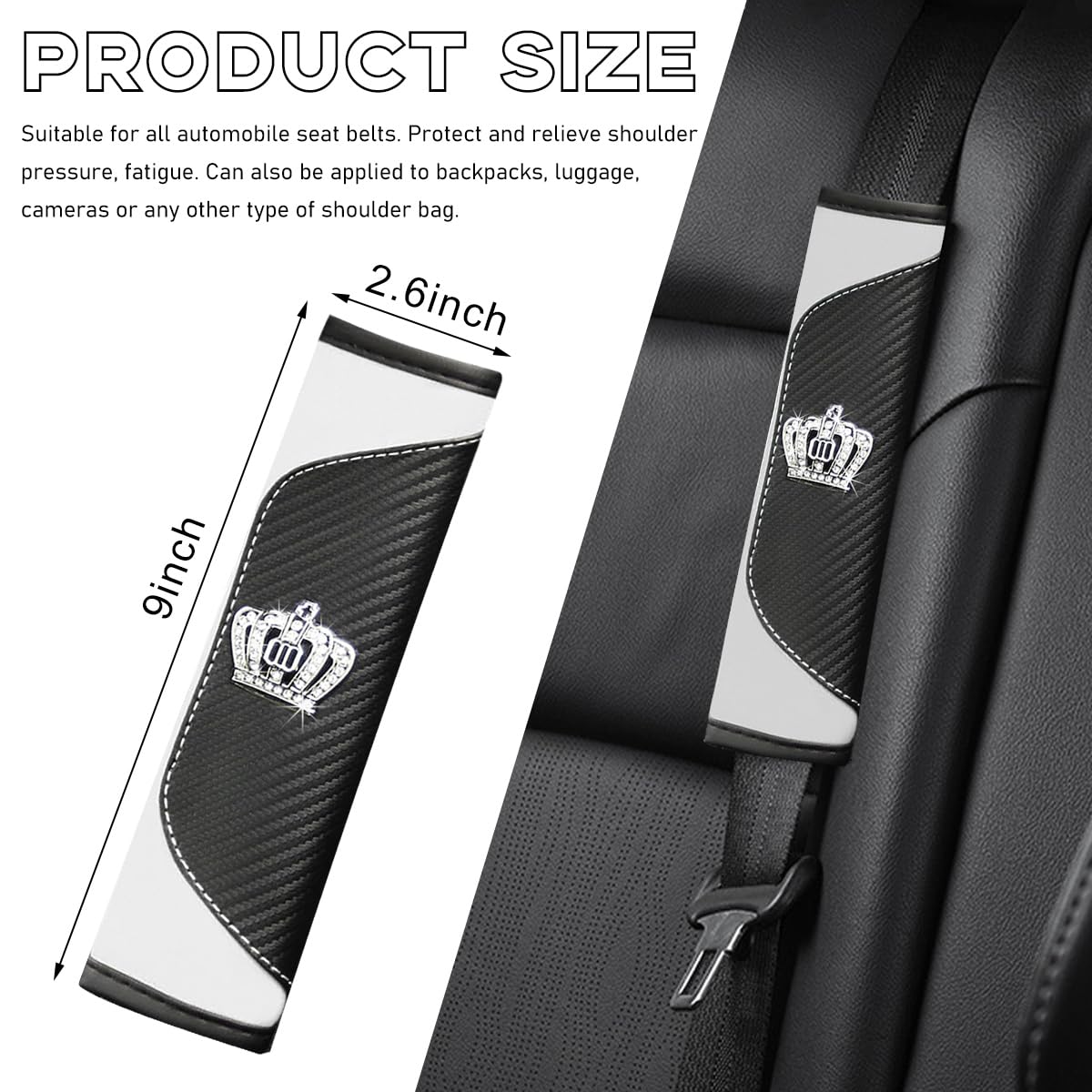 Ziciner 2 PCS Car Seat Belt Cover, Soft Leather Safety Belt Shoulder Strap Covers with Bling Rhinestone Crown, Breathable Harnes