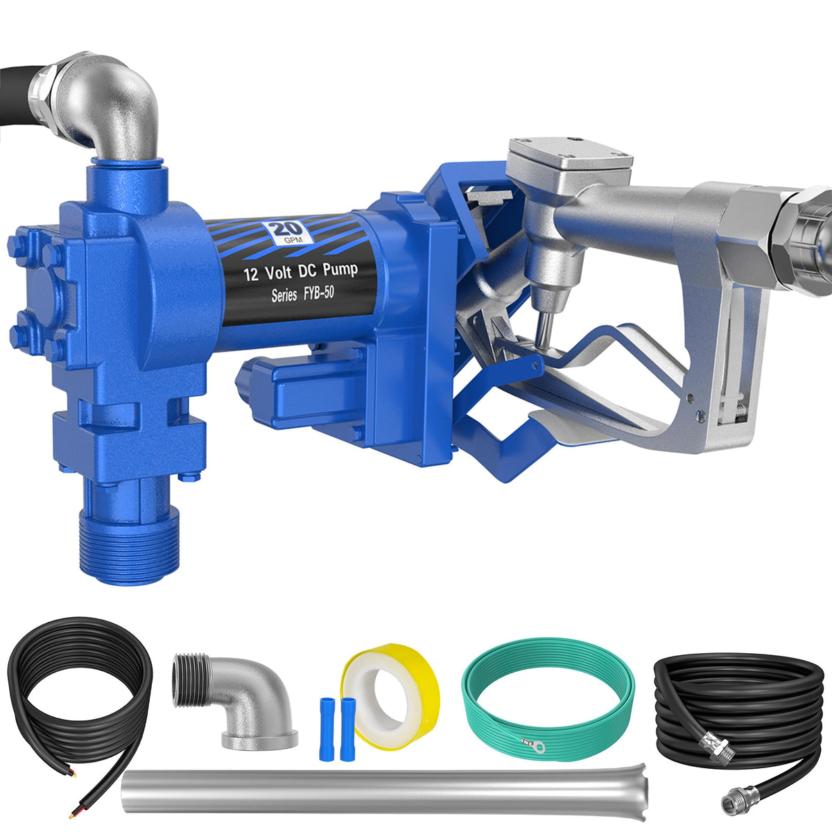 Bicos 12V 20 GPM Fuel Transfer Pump with Discharge Hose & Manual Nozzle for Oil Fuel Diesel Gasoline Kerosene Ethanol Methanol B