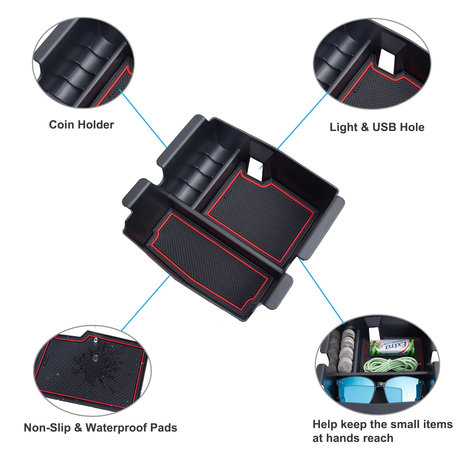 Pimcar Compatible With Jeep Wrangler Jl/Jlu 2018-2024 & Jeep Gladiator Jt 2020-2023 Center Console Organizer Armest Storage Tray (Not For Jk/Jku)-Red Trim