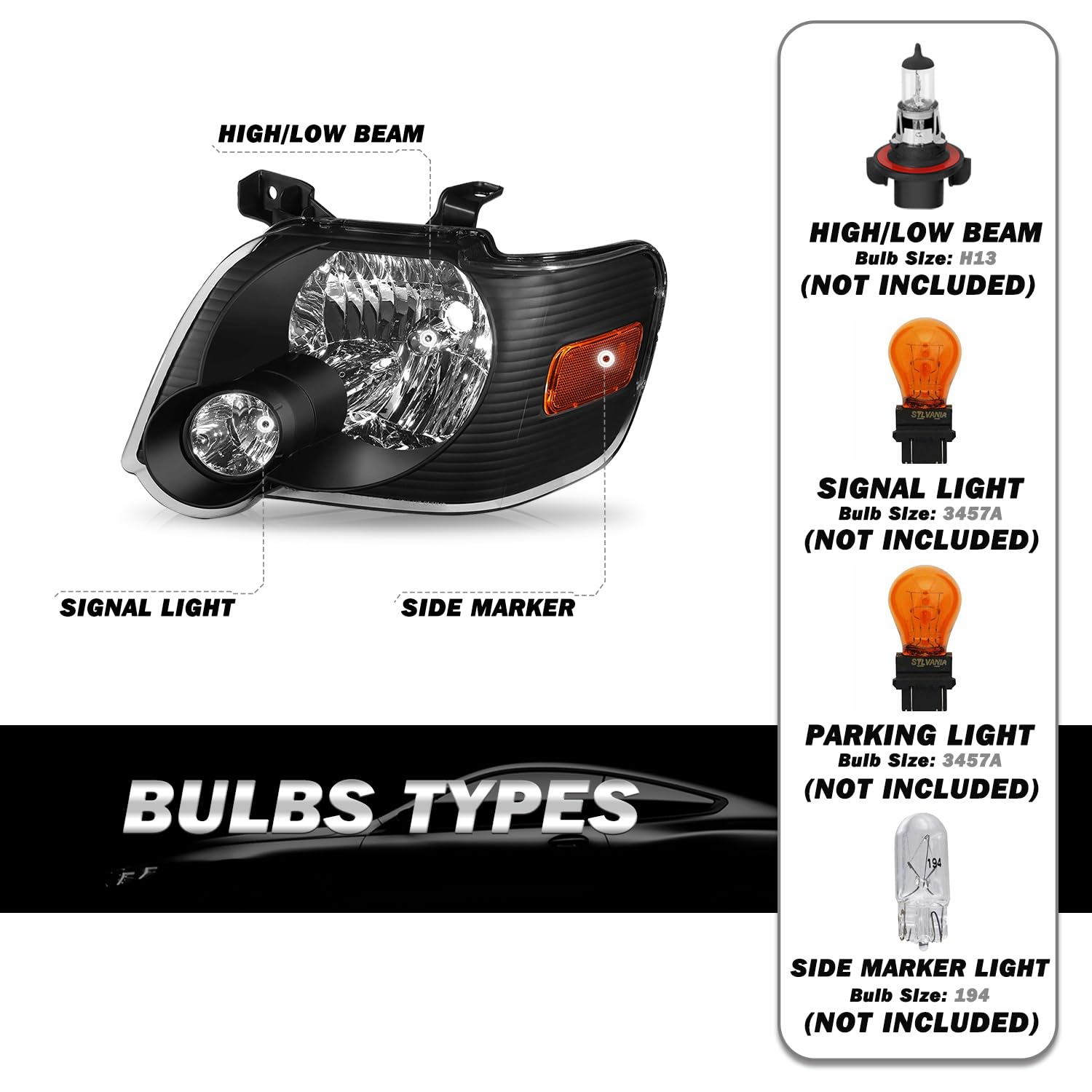 Sockir Headlight Assembly Replacement For 2006 To 2010 Ford Explorer Front Headlamp Pair Driver Passenger Side (Black Housing With Amber Reflector)