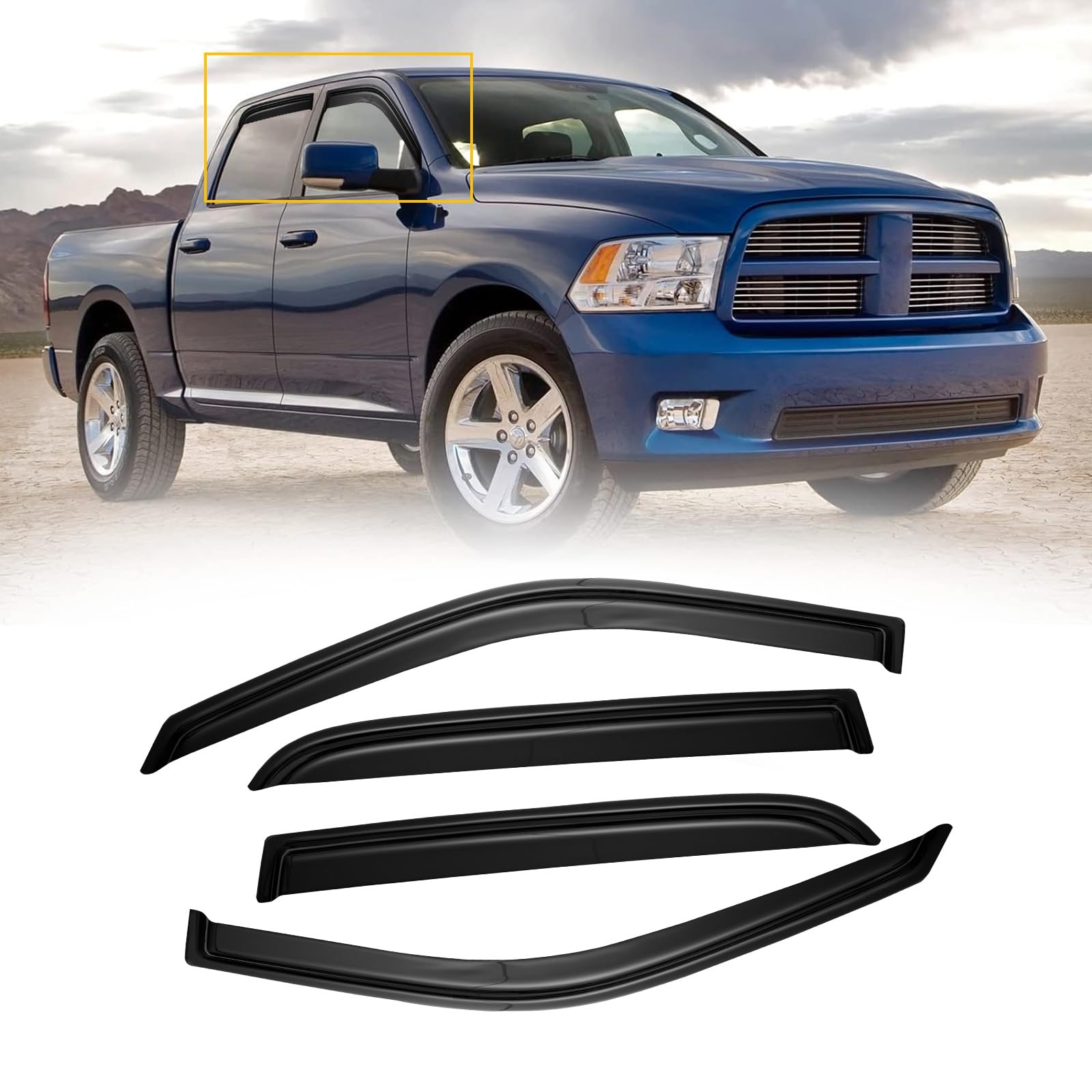 Window Visor For 2009-2018 Dodge Ram 1500 Crew Ca, Out-Channel Rain Guards Shields Vent Shade Deflector Wind Dark Smoke Ventshad