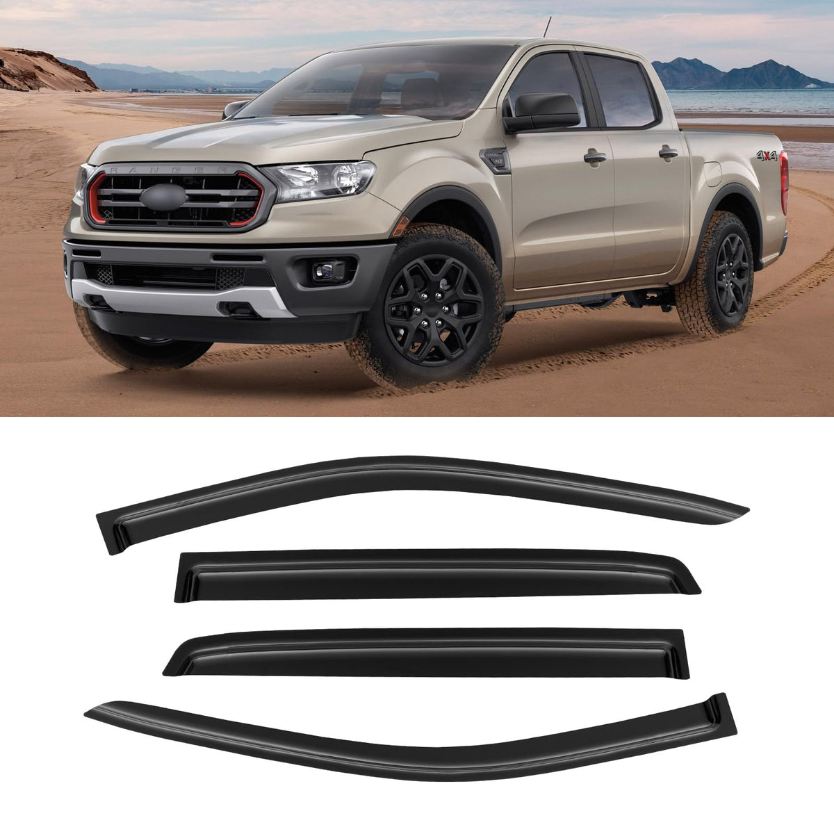 Window Rain Guards for 2019-2024 Ford Ranger SuperCrew, Window Visor Guard Vent Shade Wind Deflector Rain Shield Protector Sun V
