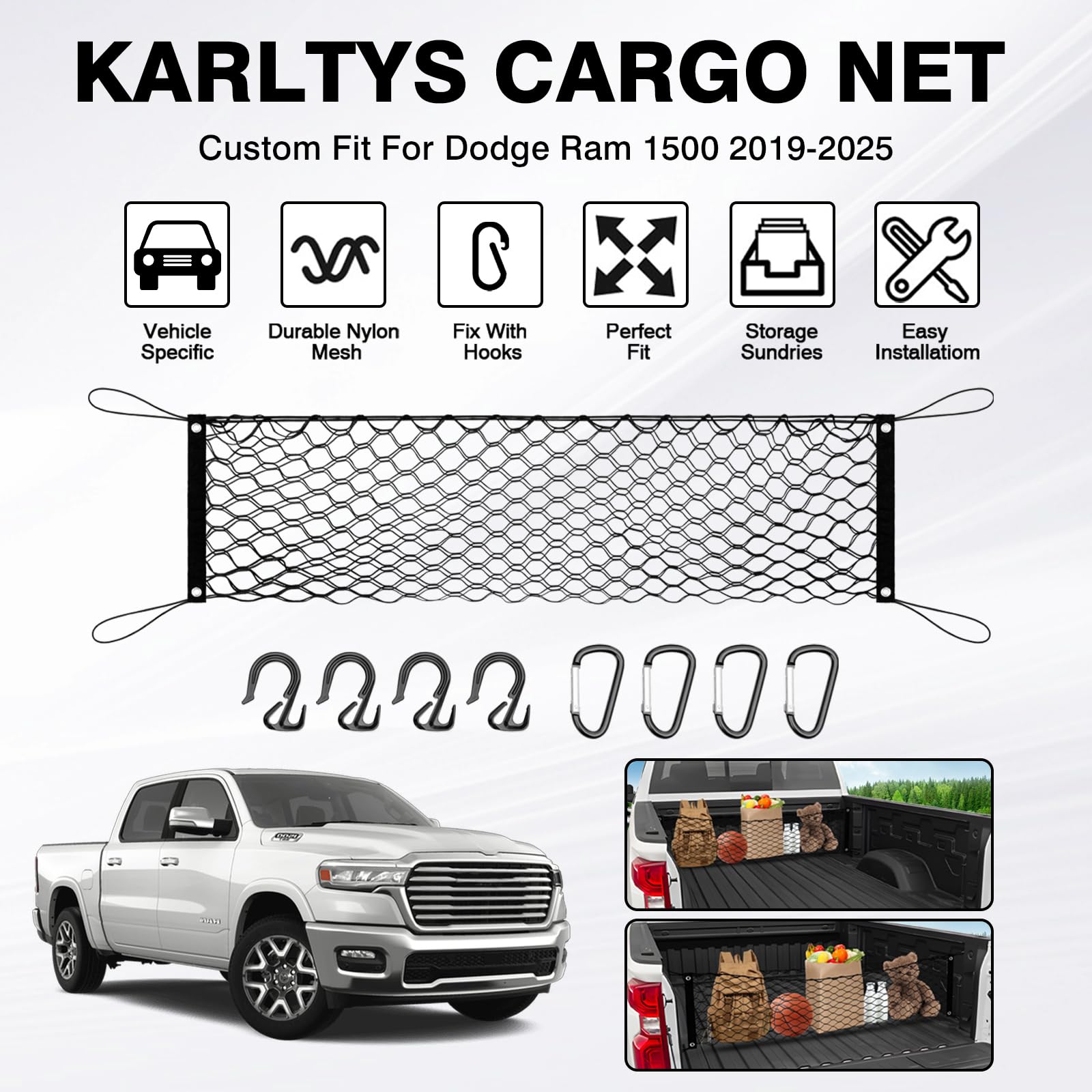 Karltys Truck Bed Cargo Net For Dodge Ram 1500 2019-2024 2025, Envelope Style Pickup Truck Bed Tailgate Net For Ram 1500 Accesso