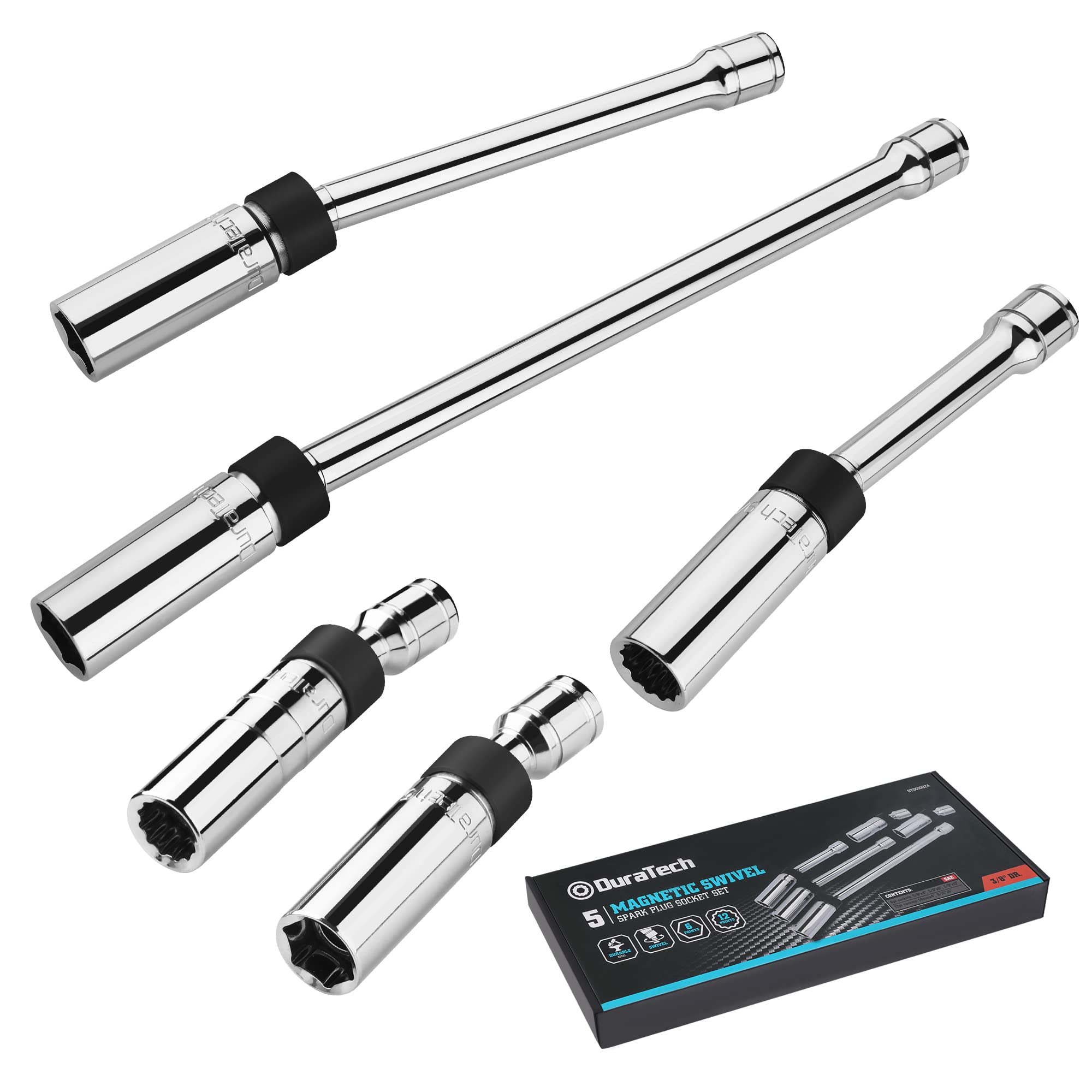 DURATECH 5PC Magnetic Swivel Spark Plug Socket Set-Includes 5/8-inch, 9/16-inch, 14MM Sockets & 3/8-inch Drive with 6-Point and 