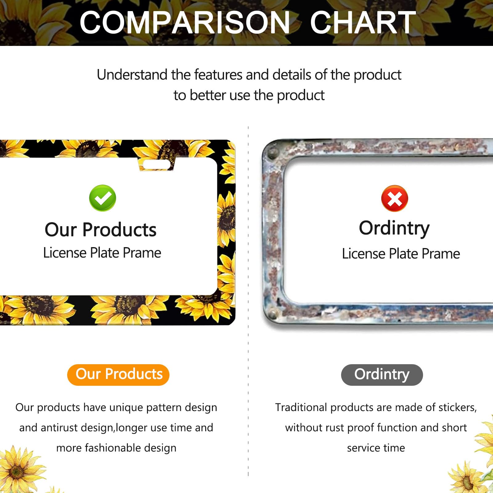 Sunflower License Plate Frame - 2 PCS Aluminum Metal Yellow Sunflowers License Plate Frames Holder Covers, Rust-Proof Waterproof