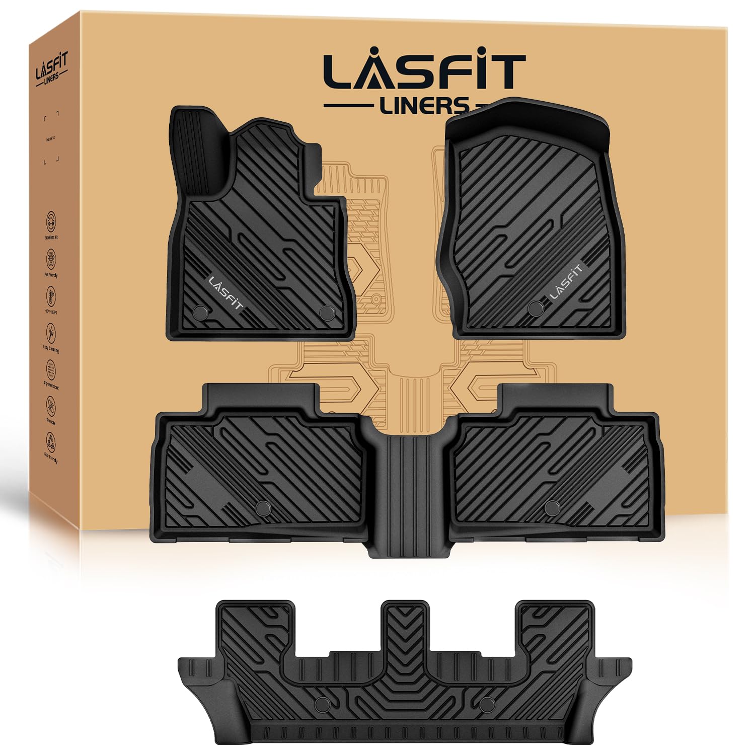 Lasfit Floor Mats For Ford Explorer 2020-2025 7 Passenger Tpe All Weather Protector Anti-Slip Floor Liners, 2025 2024 2023 2022