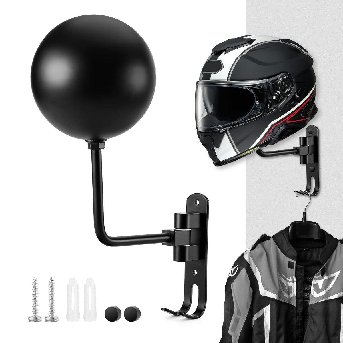 Pahtto Motorcycle Helmet Holder, Helmet Rack Wall Mount 180 Degree Rotation Helmet Hanger With Double Hook For Coats, Caps, Hats