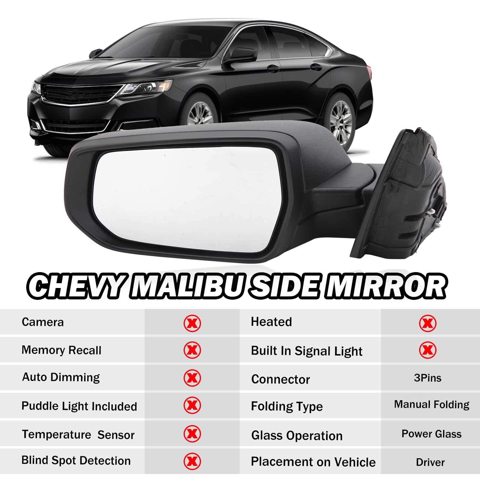 Driver Side View Mirror Compatible With Chevy Malibu 2016 2017 2018 2019 2020 2021 2022 Non Heated Without Signal Light Manual F