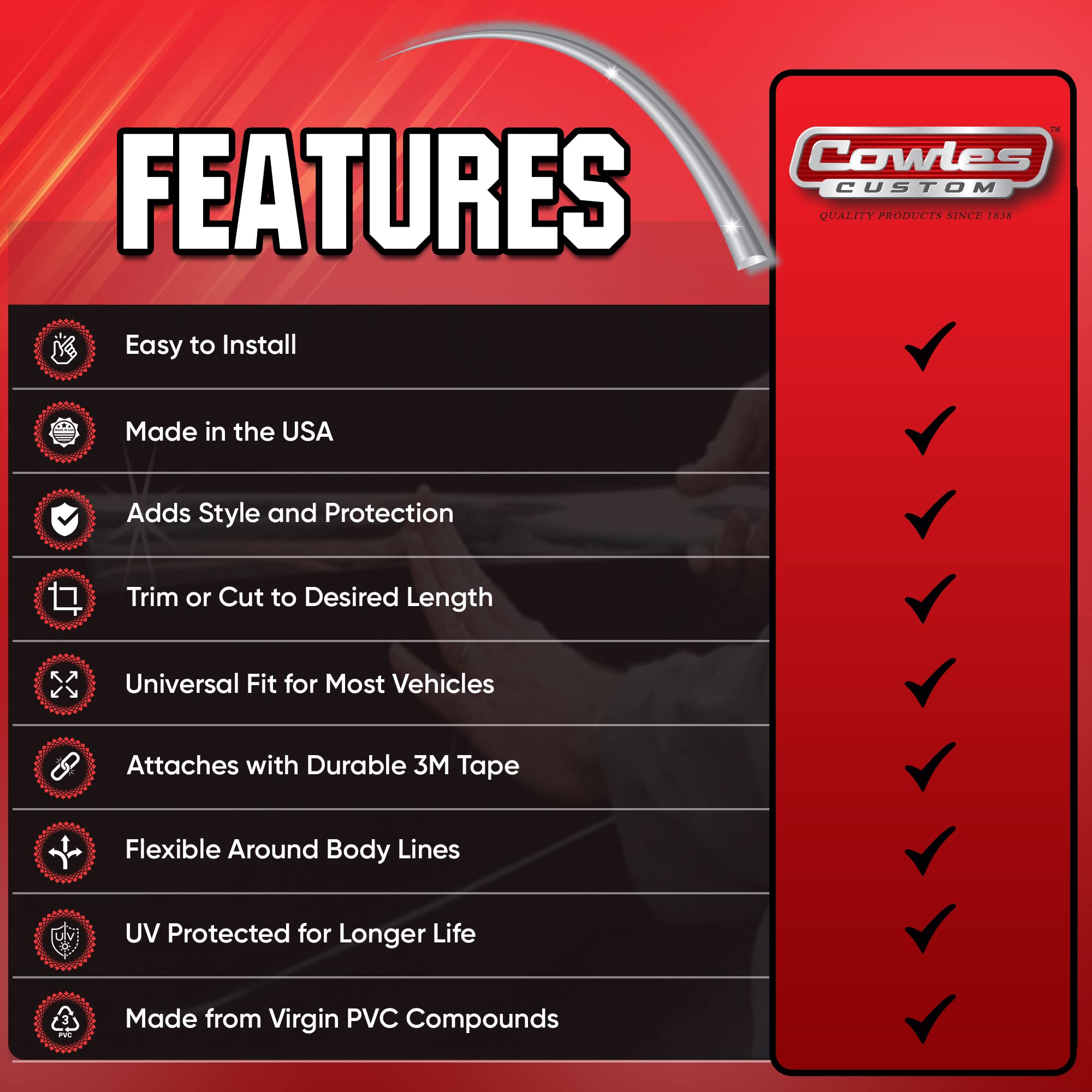 Cowles - Premium Universal Body Molding for All Vehicles - Easy Install, Black Finish, 1/4'' by 20 ft, UV Protected, Long Lastin