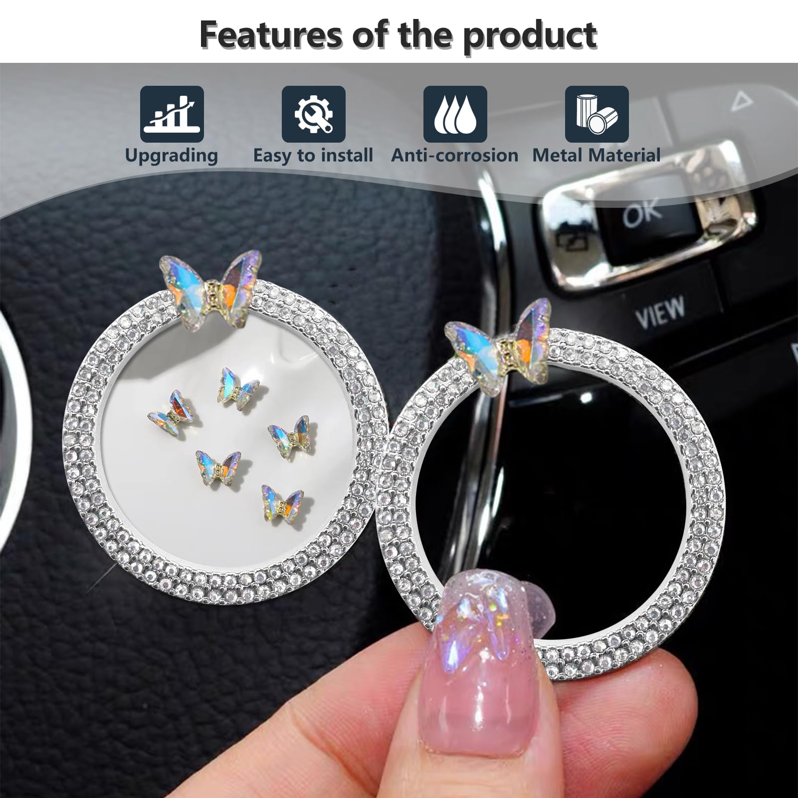 3leavtrees Bling Ring Emblem Car Accessories - Rhinestone Crystal Ring for Car Buttons & Knobs, Push to Start Button, Key Igniti