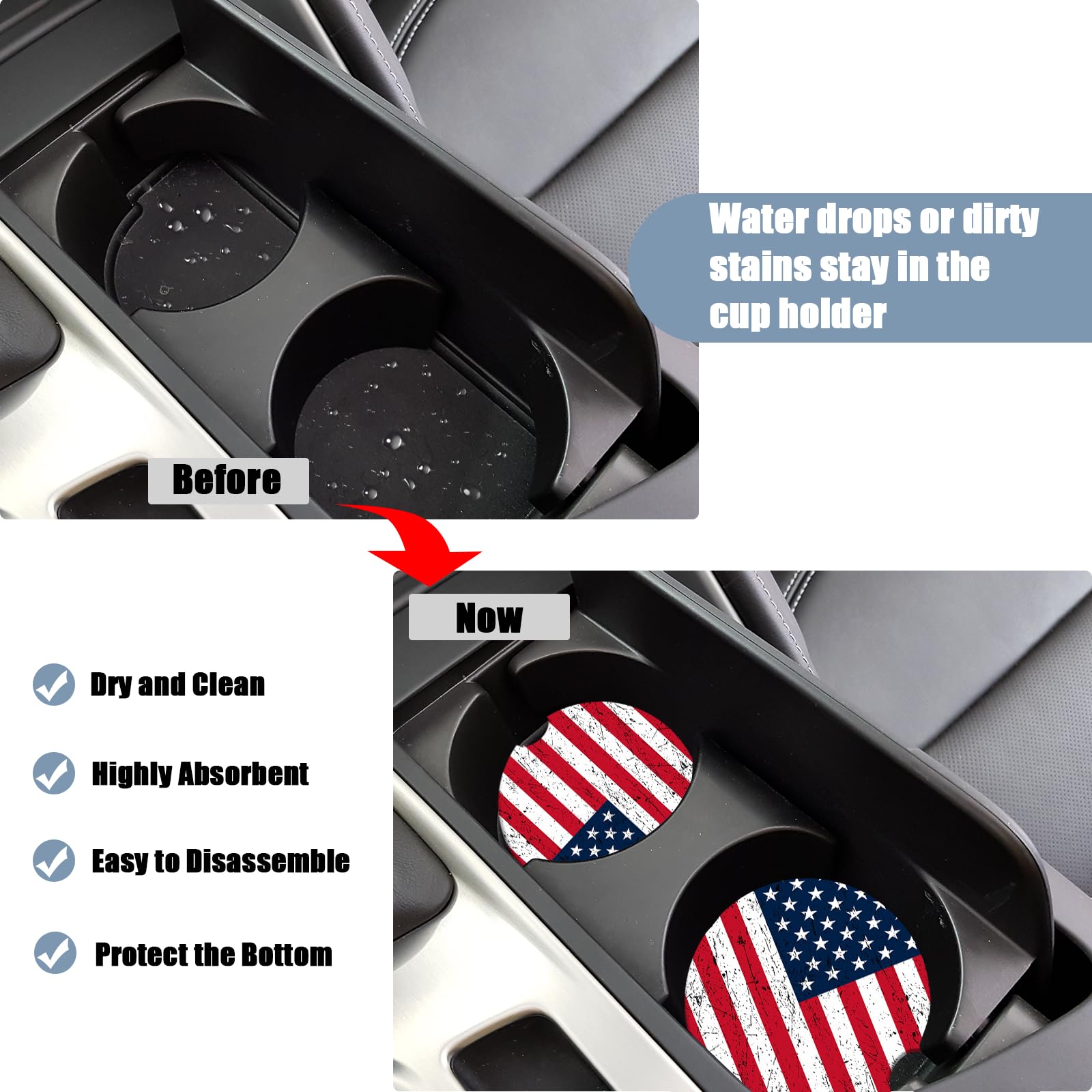 Car Cup Holder Coaster - American Flag Absorbent Ceramic Coaster, Car Coasters for Cup Holders, Auto Accessories for Women & Men