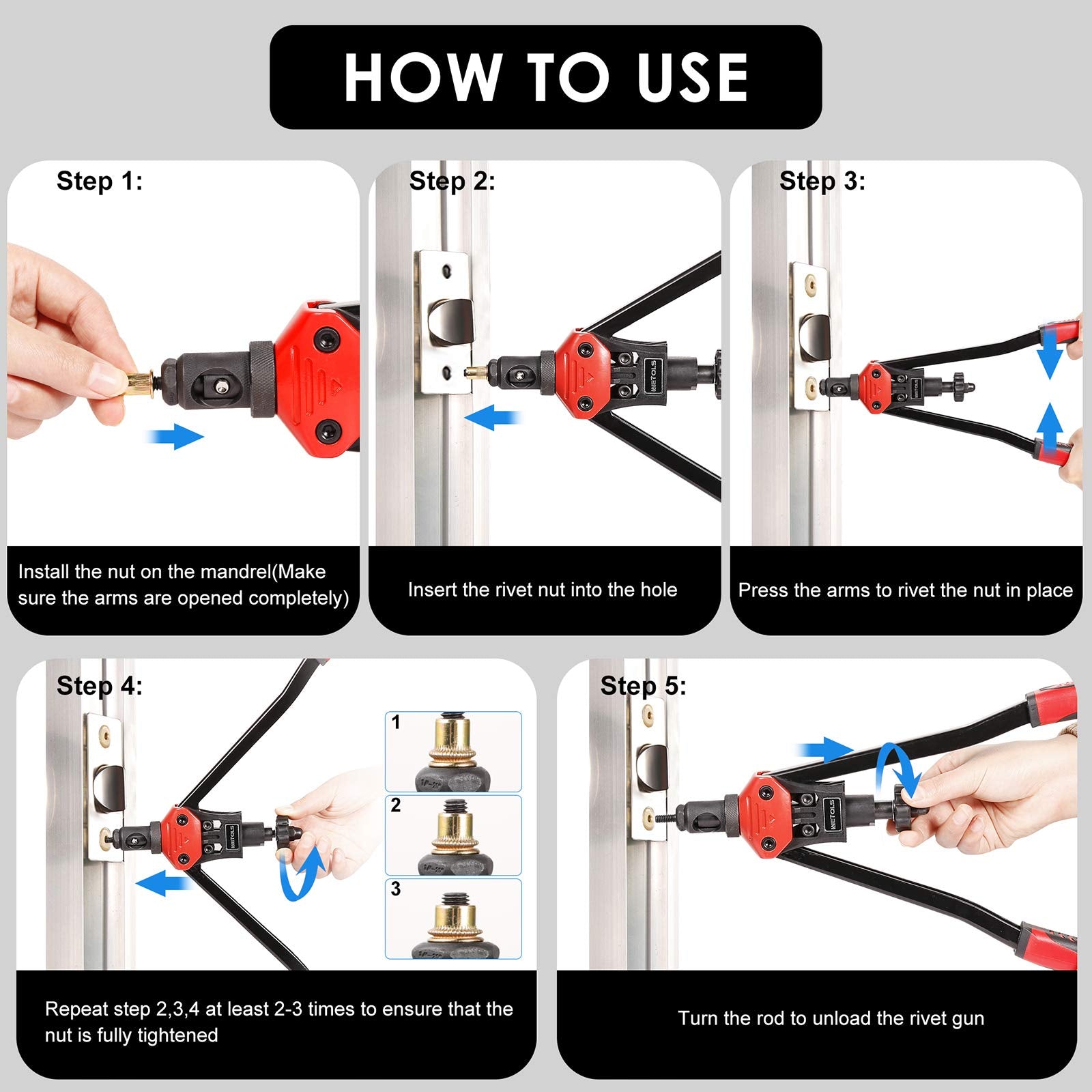 Wetols 16'' Rivet Nut Tool, Professional Rivet Nut Tool Kit With 11 Metric & Inch Mandrels M3 M4 M5 M6 M8 M10 M12, 10-24, 1/4-20