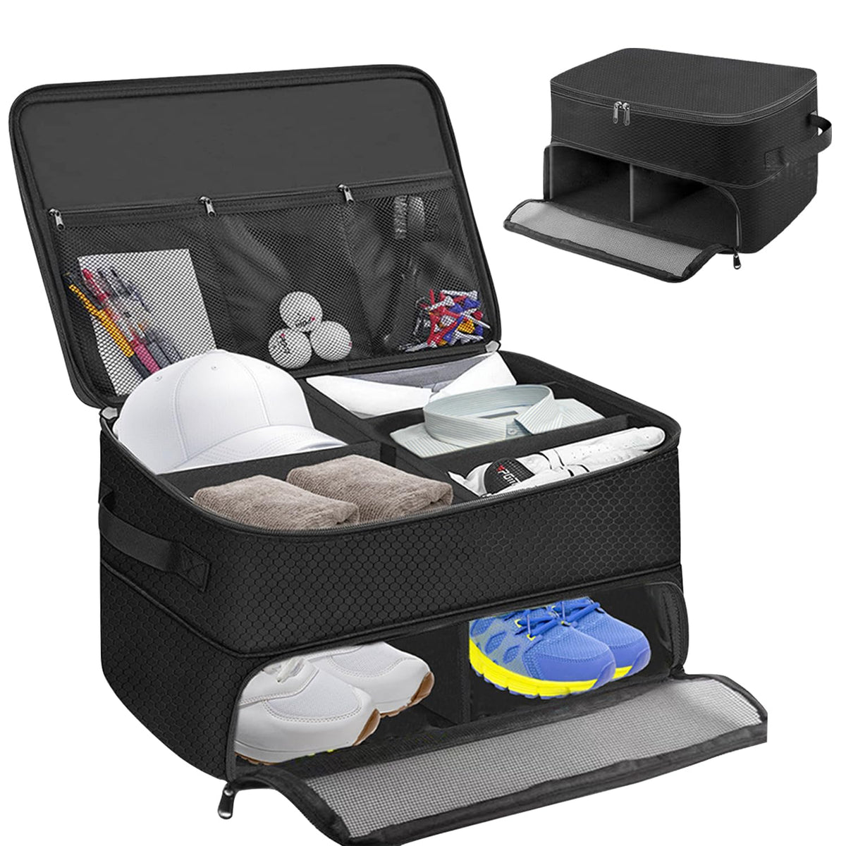 Golf Trunk Organizer, 2 Layer Golf Storage Bag, Waterproof Car Golfer Organizers with Ventilation Compartment for 2 Pairs Shoes,