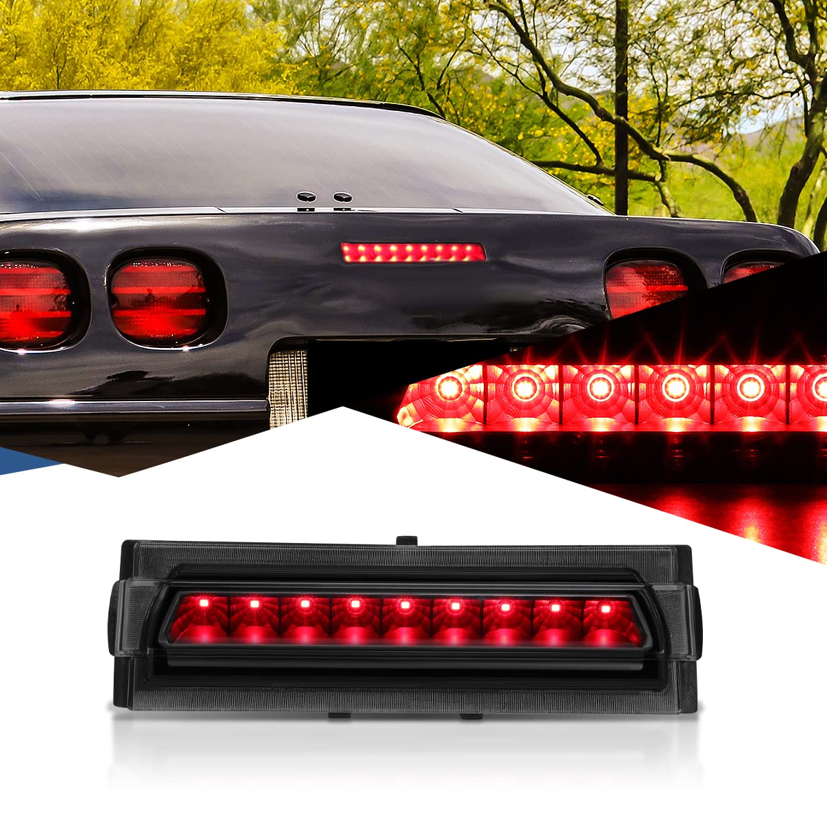 Auto Dynasty Full Led High Mount Centre 3Rd Third Tail Brake Light Stop Lamp Compatible With Chevy Corvette C4 4Th Gen 1991-1996, Black Housing Smoked Lens