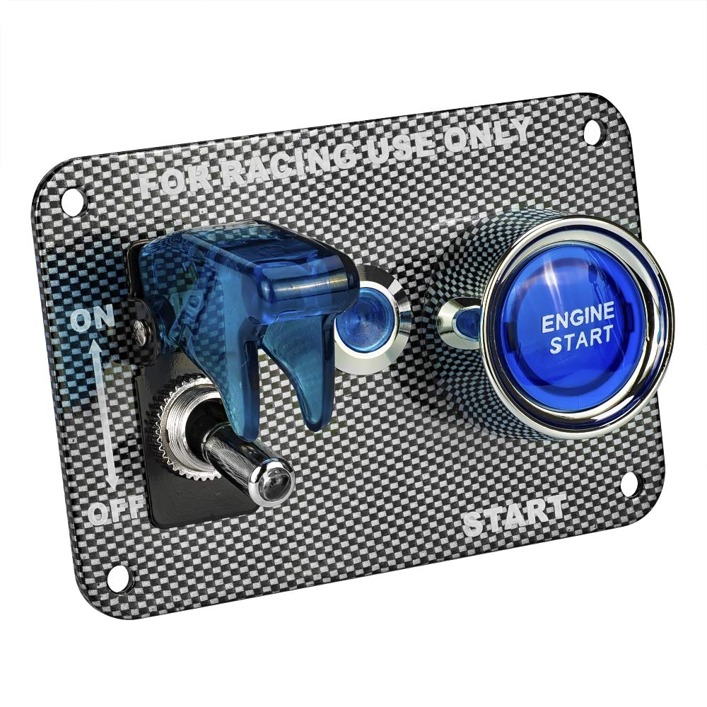 Jtron Dc12V Racing Car Ignition Switch Panel Carbon Fiber Rocking Switch+Engine Start Push Button With Blue Indicator Light (Blue)
