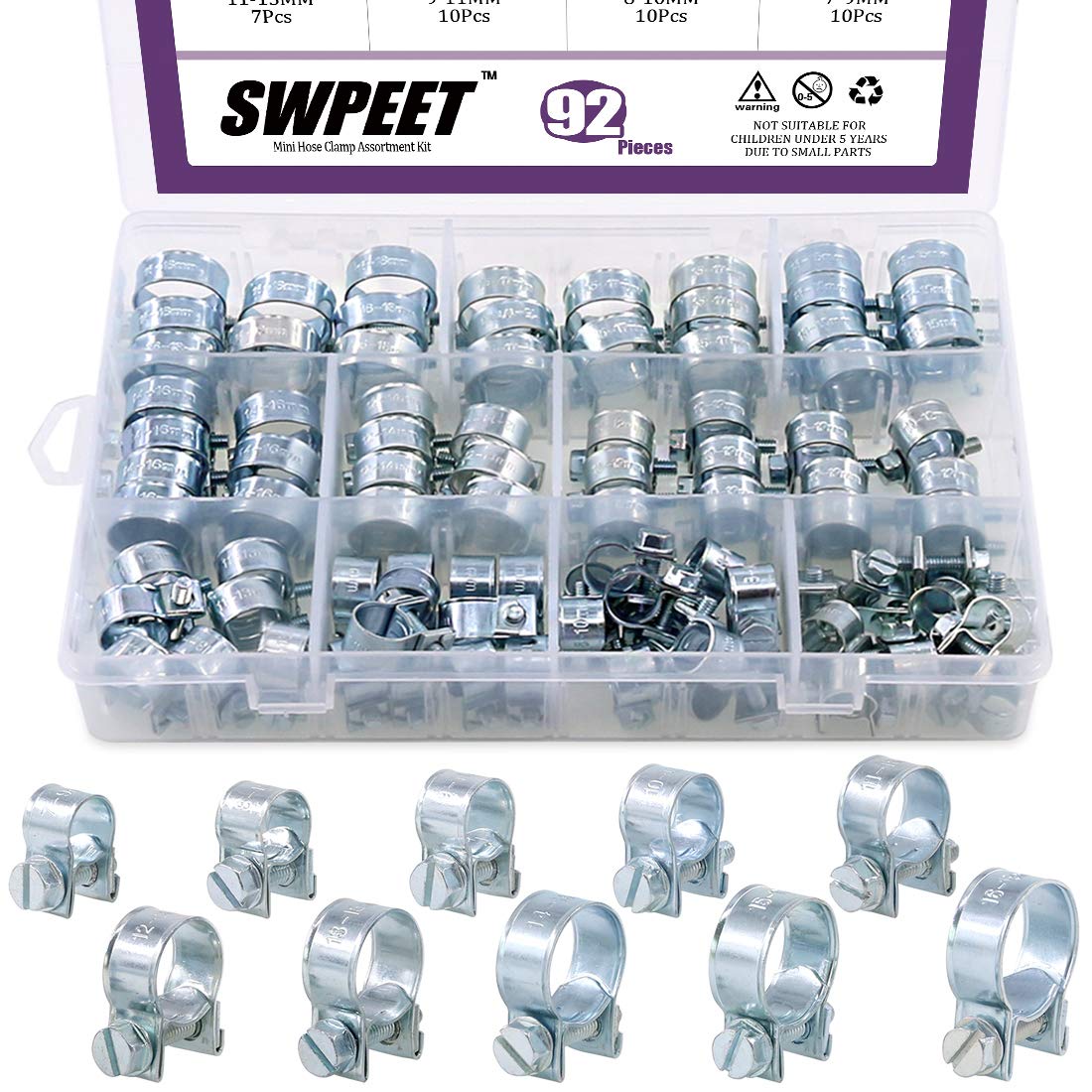 Swpeet 92Pcs 10 Sizes Zinc Plated Mini Fuel Injection Line Style Hose Clamp Assortment Kit Perfect For Automotive, Agriculture, Plant & Construction
