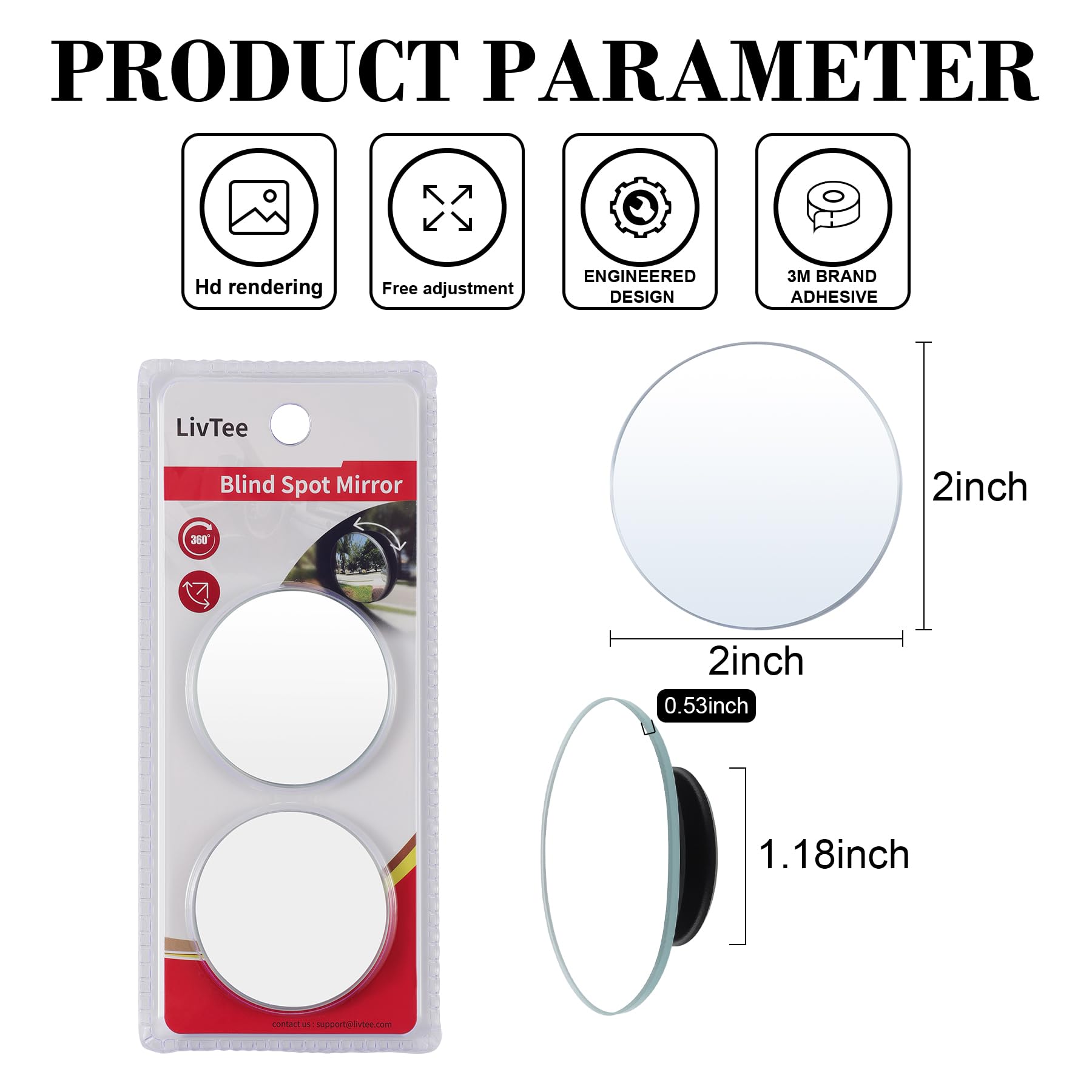 Livtee Blind Spot Mirror, 2 Round Hd Glass Frameless Convex Rear View Mirrors Exterior Accessories With Wide Angle Adjustable Stick For Car Suv And Trucks, Pack Of 2