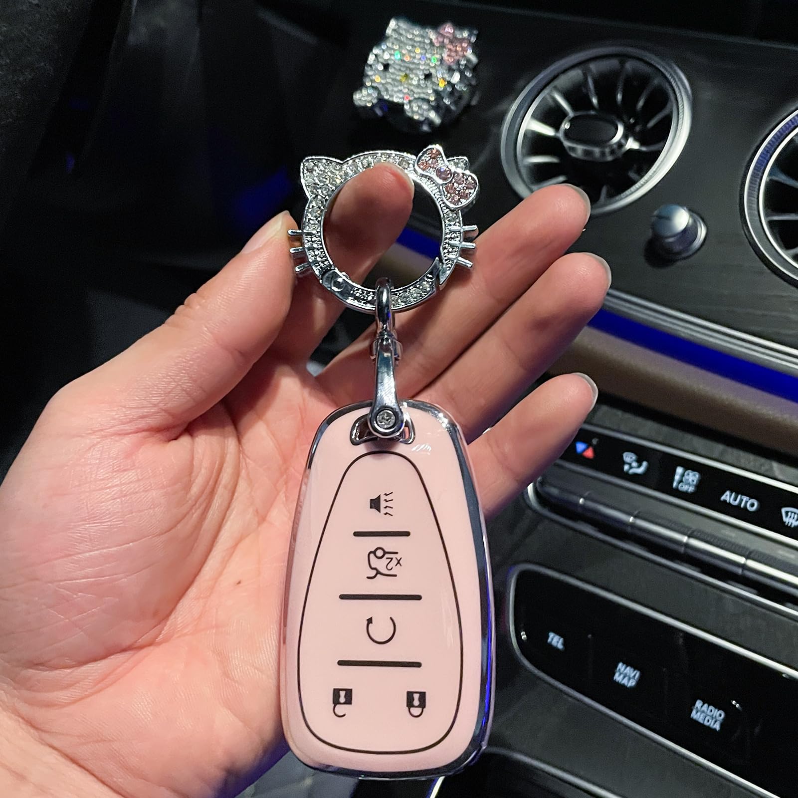 Pangpai Pink Car Accessories 3 Pcs For 5 Buttons Chevy Chevrolet Equinox Malibu Camaro Traverse Key Fob Cover With Bling Keychai