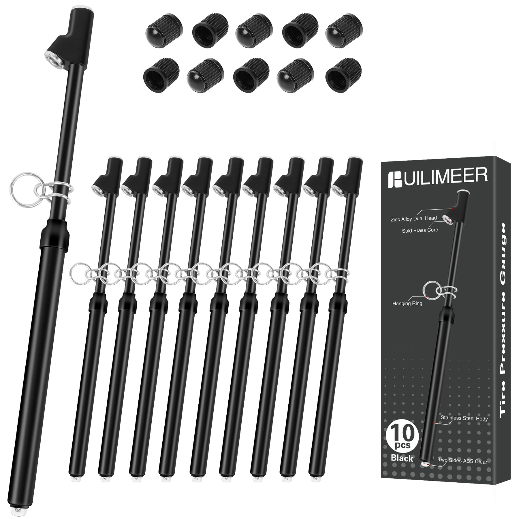 Builimeer 10-Pack Dual Head Tire Pressure Gauge - Heavy Duty 10-150 PSI Air Pressure Gauge with Stainless Steel Body, Metal Nozz