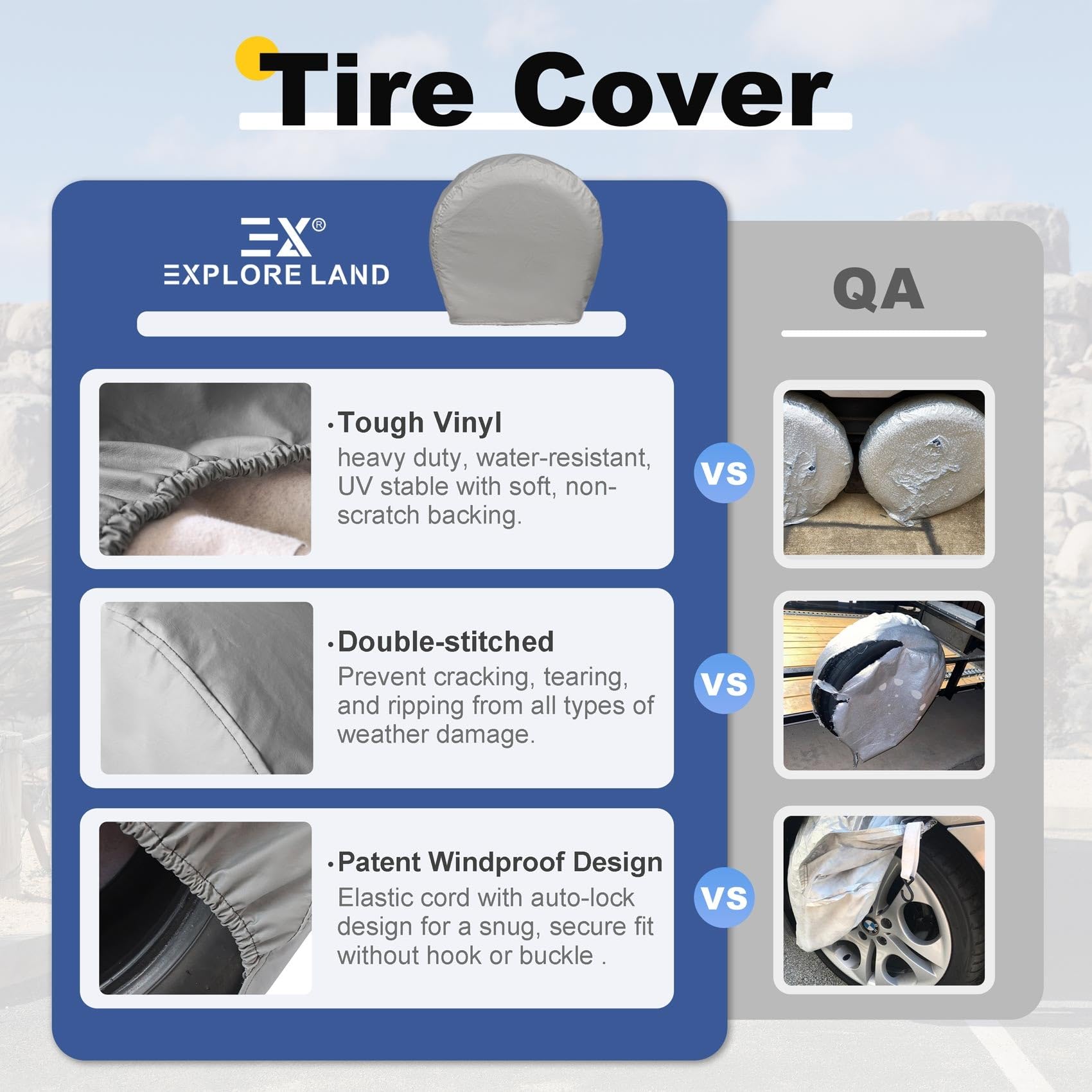 Explore Land Tire Covers 4 Pack - Charcoal Tough Protectors for Truck, SUV, RV - Fits Tire Diameters 35-38.75 inches